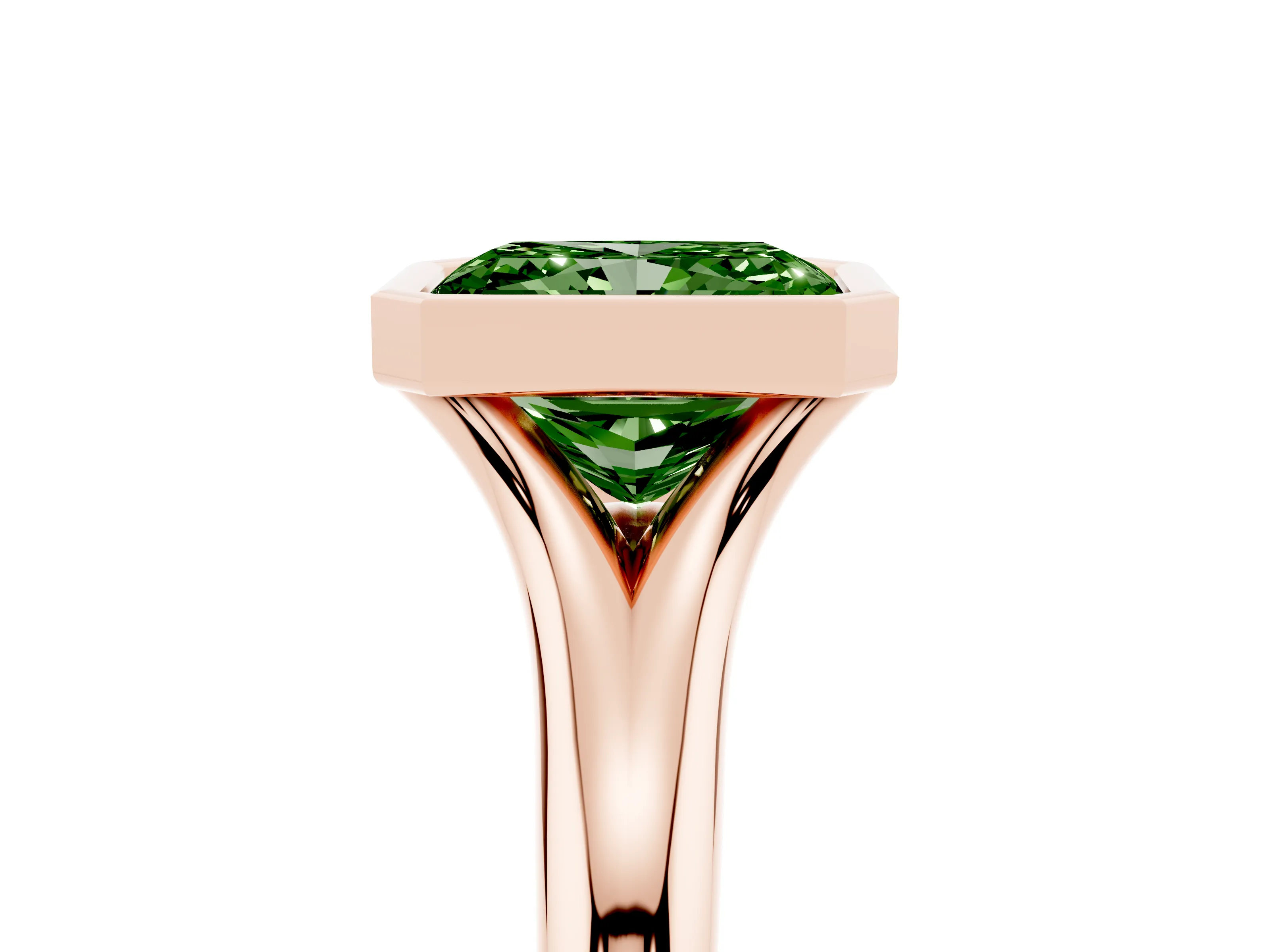 Fancy Green Bezel Set Radiant Cut Diamond Solitaire Ring Set in Rose gold with Smooth Band