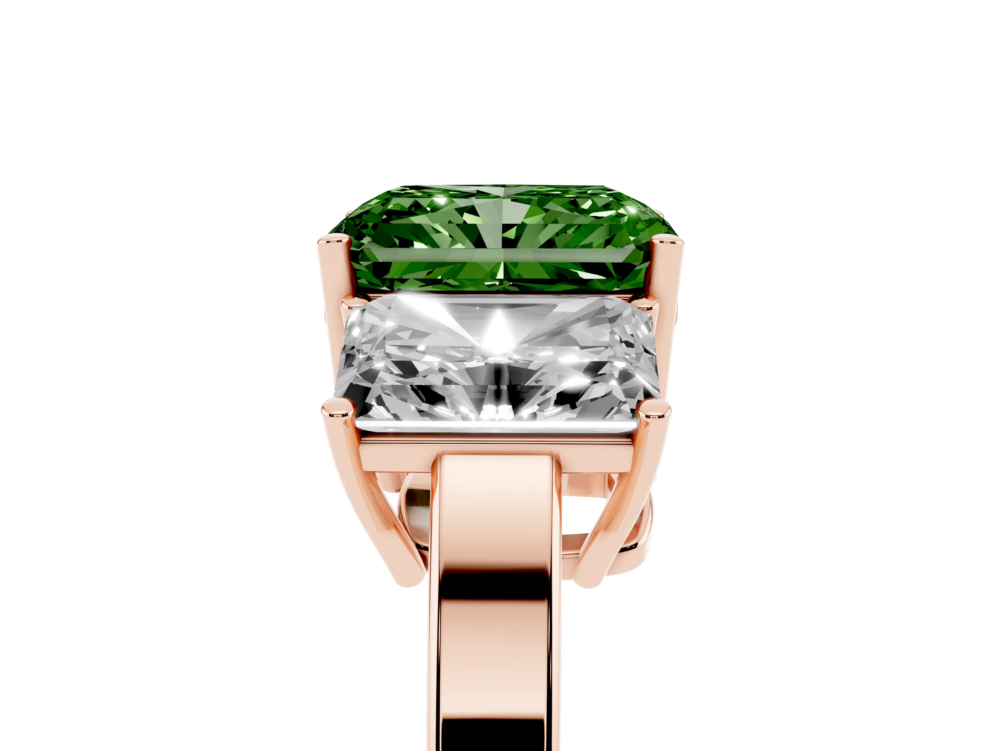 Fancy Green Radiant Cut Diamond Three-Stone Engagement Ring Set in Rose gold with Flat Band