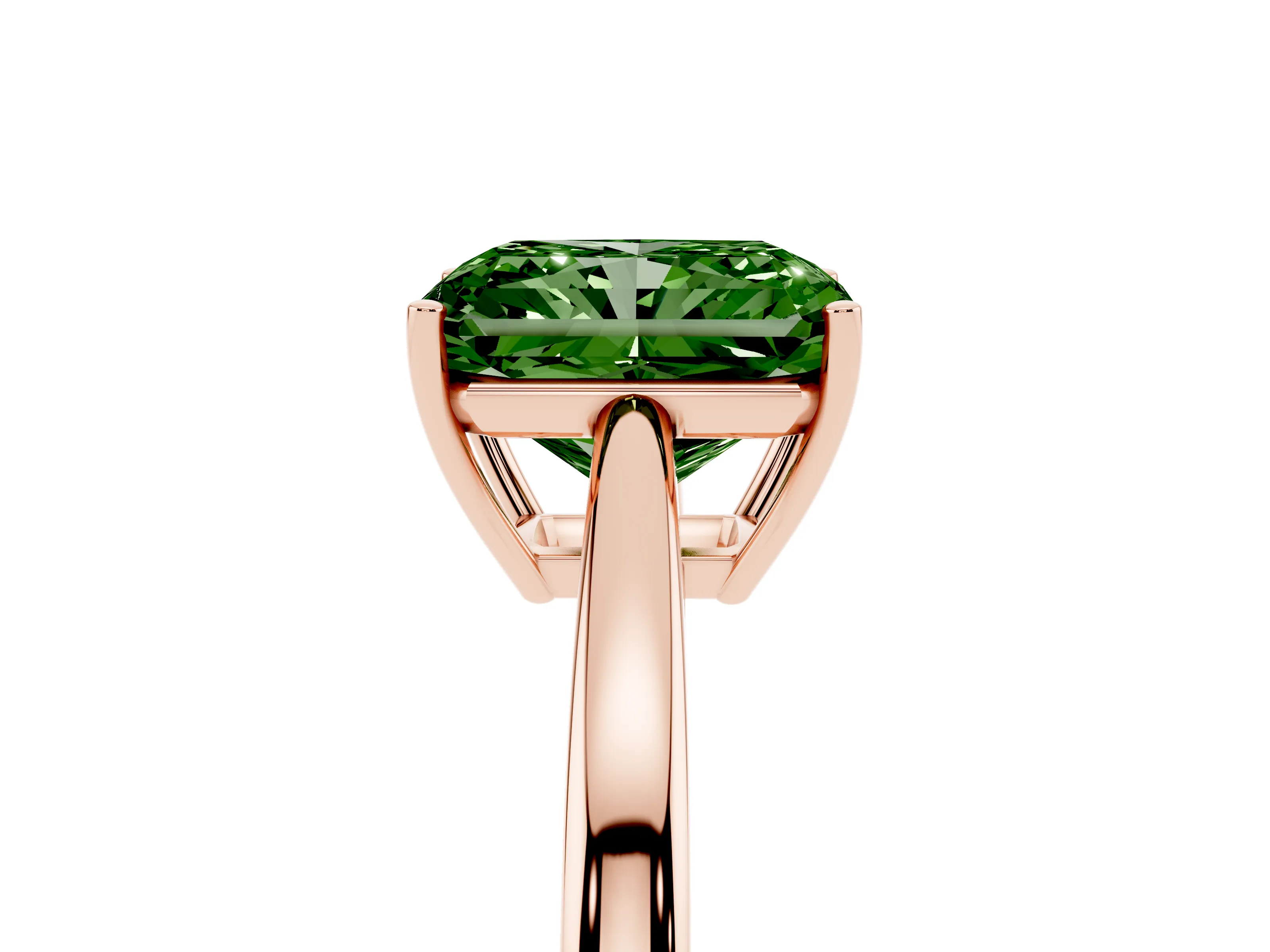 Fancy Green Radiant Cut Diamond Solitaire Ring Set in Rose gold with Split Shank and Prong Setting