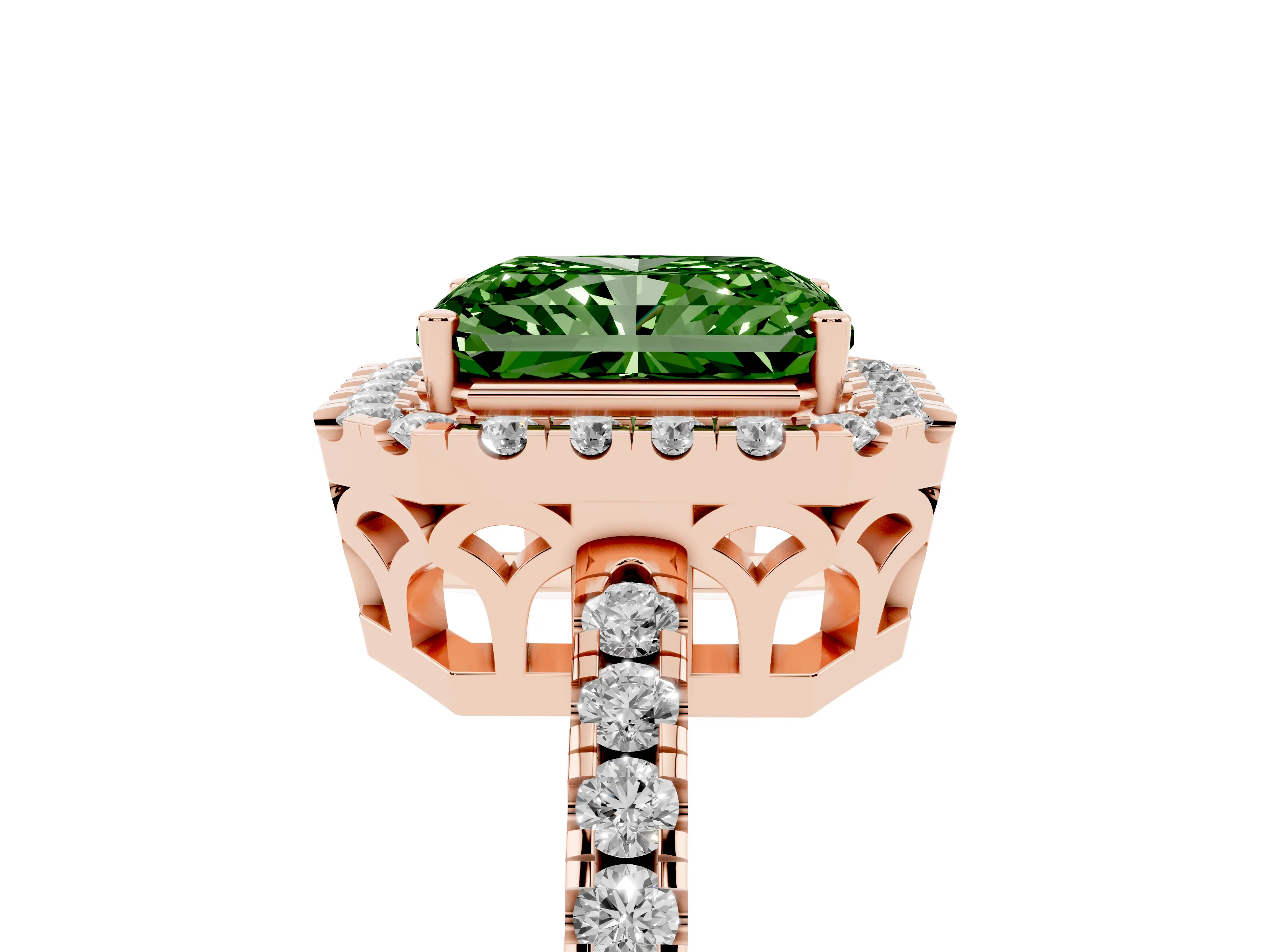Fancy Green Radiant Cut Diamond Pavé Band Halo Engagement Ring Set in Rose gold with Prong Setting
