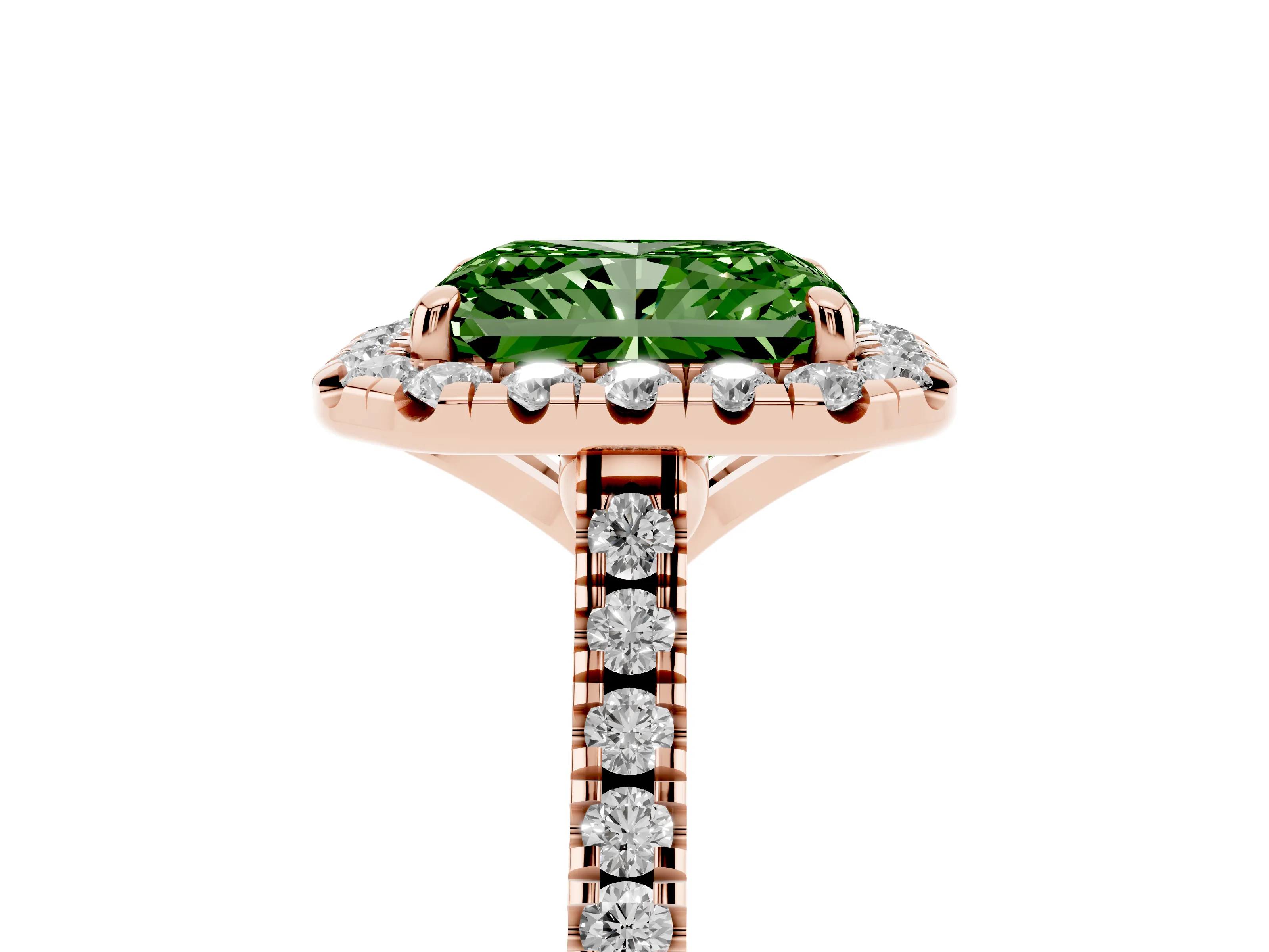 Fancy Green Radiant Cut Diamond Cushion Halo Ring Set in Rose gold with Pavé Band