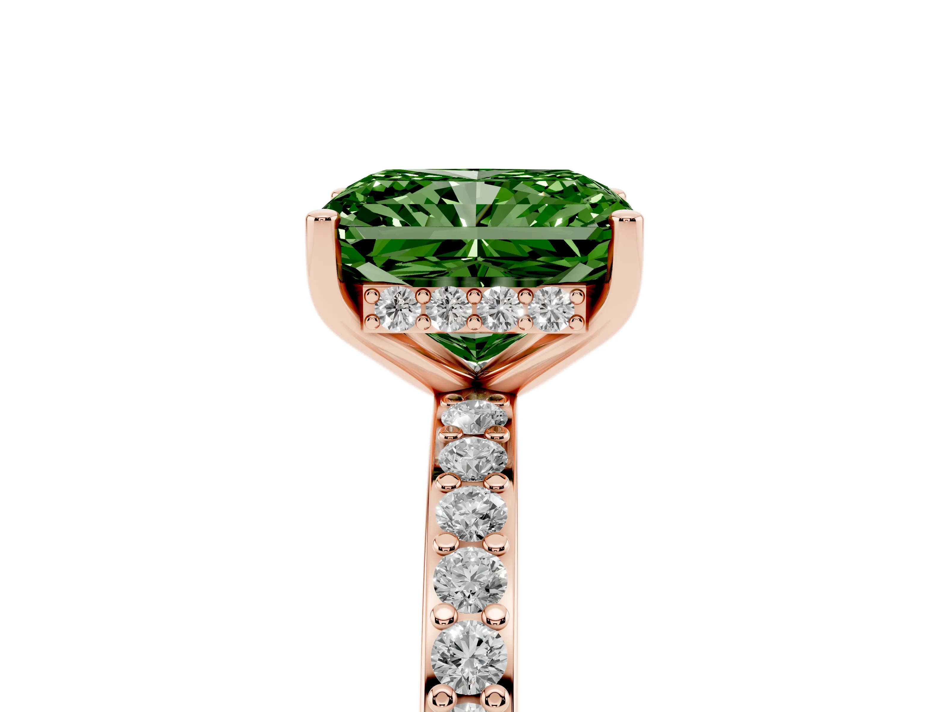 Fancy Green Radiant Cut Diamond Pavé Band Ring Set in Rose gold with Prong-Set Center Stone