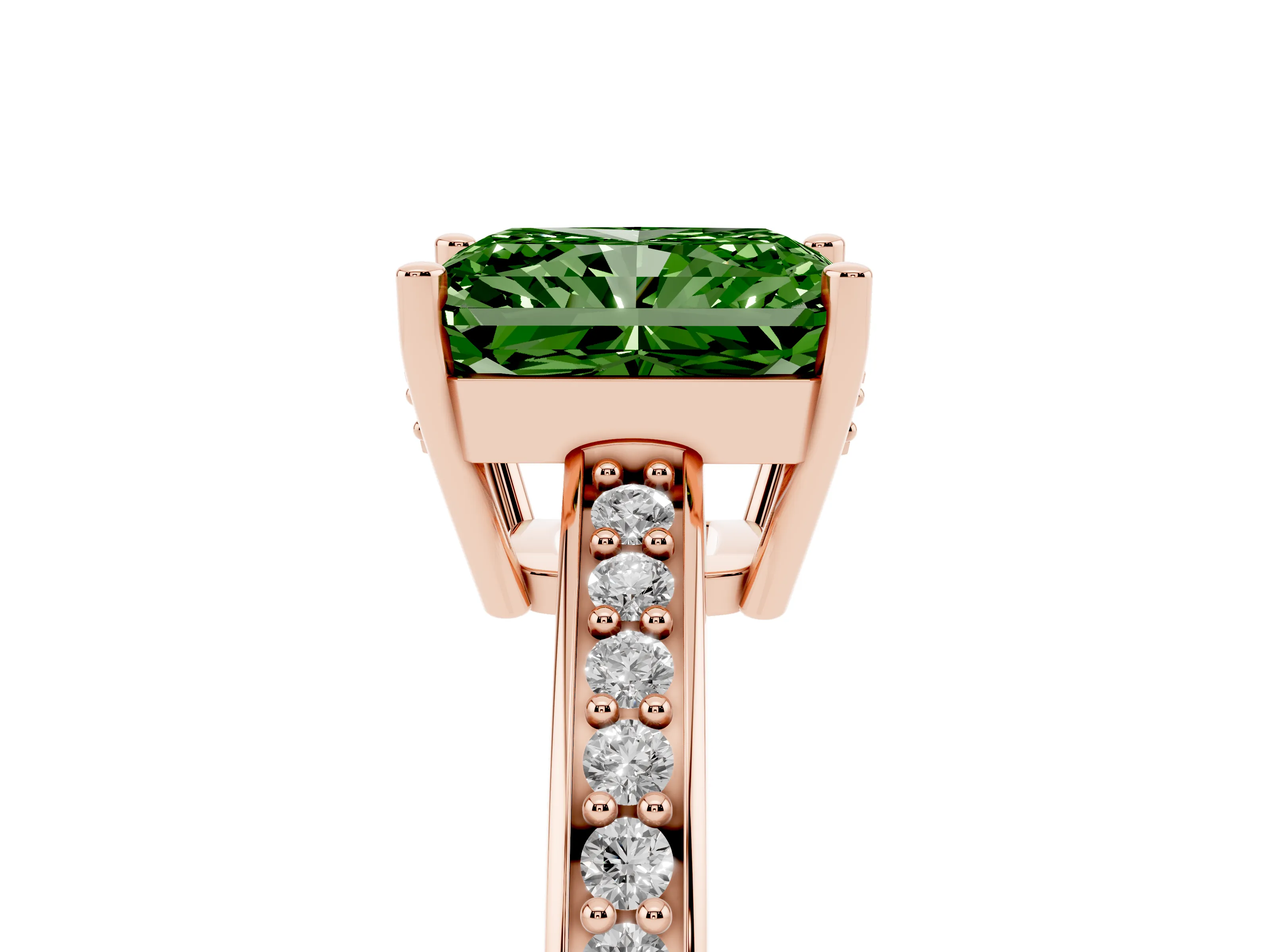 Fancy Green Radiant Cut Diamond Pavé Band Prong Set Solitaire Ring Set in Rose gold