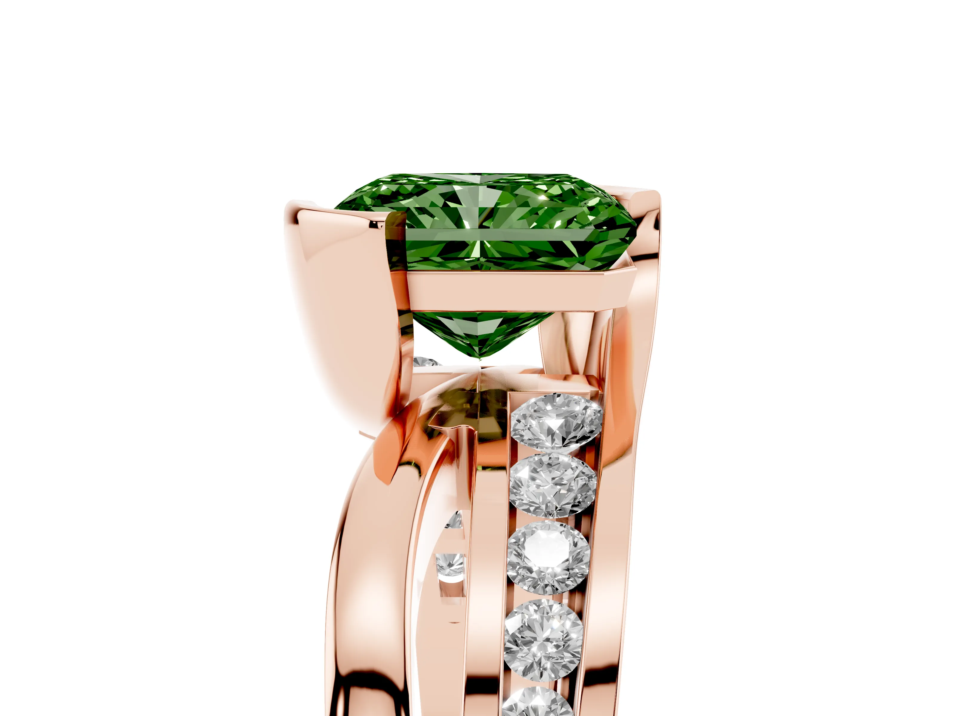 Fancy Green Radiant Cut Diamond Solitaire Ring Set in Rose gold with Channel Set Split Shank and Tension Prongs