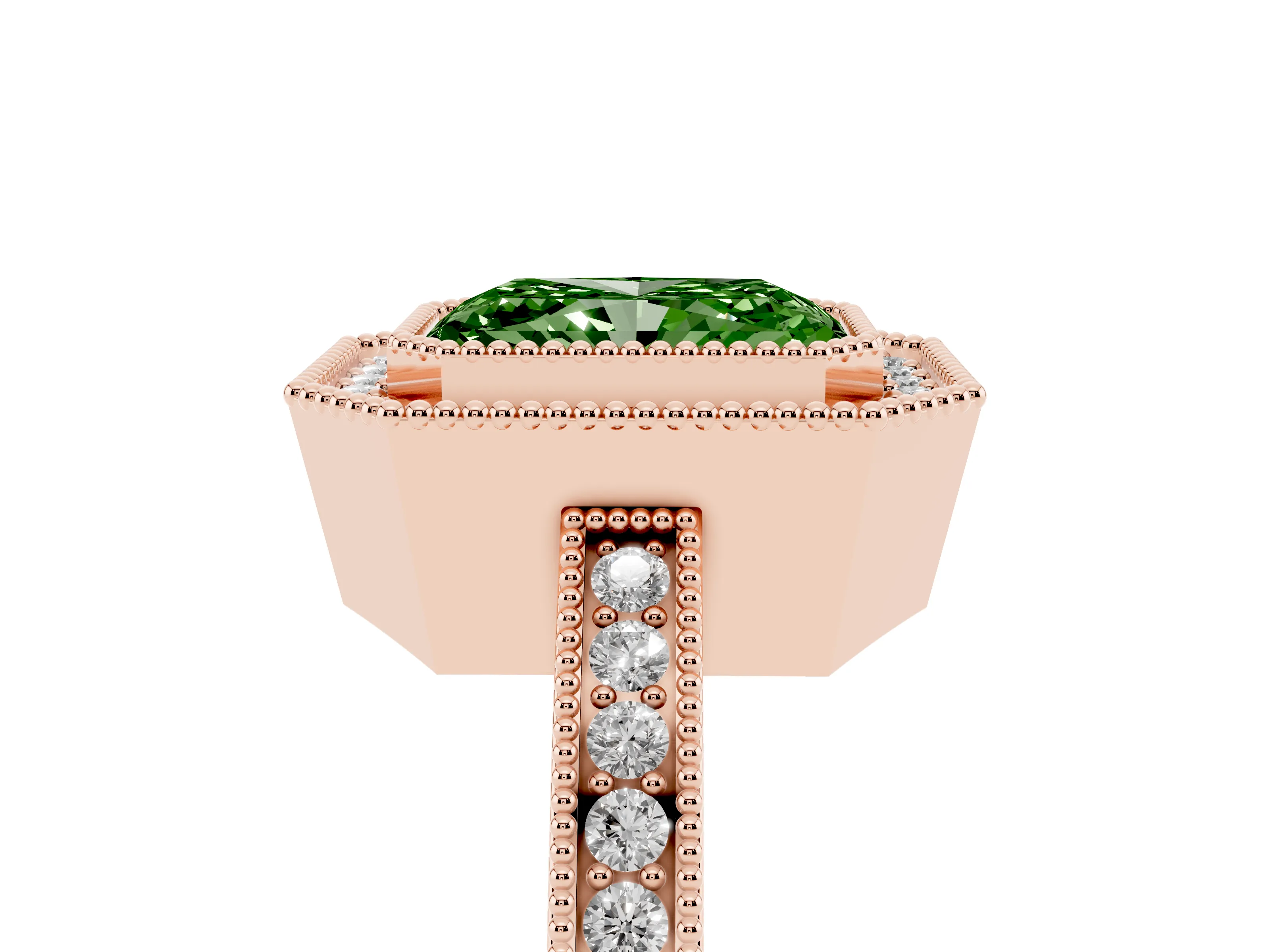 Fancy Green Radiant Cut Diamond Halo Ring Set in Rose gold with Pavé Band and Milgrain-Edged Prongs