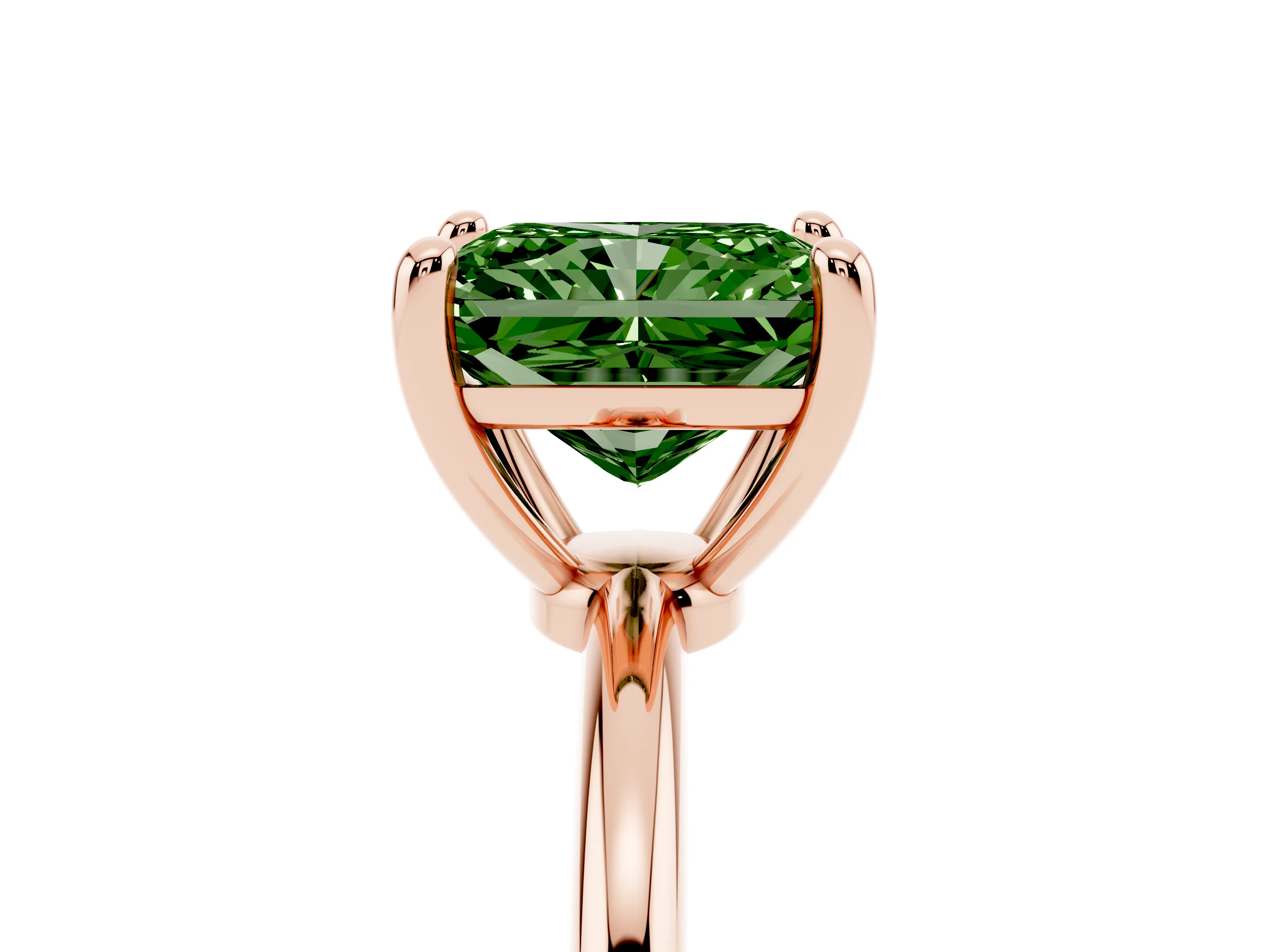 Fancy Green Radiant Cut Diamond Solitaire Ring Set in Rose gold with Secure Prong Setting on a Classic Band