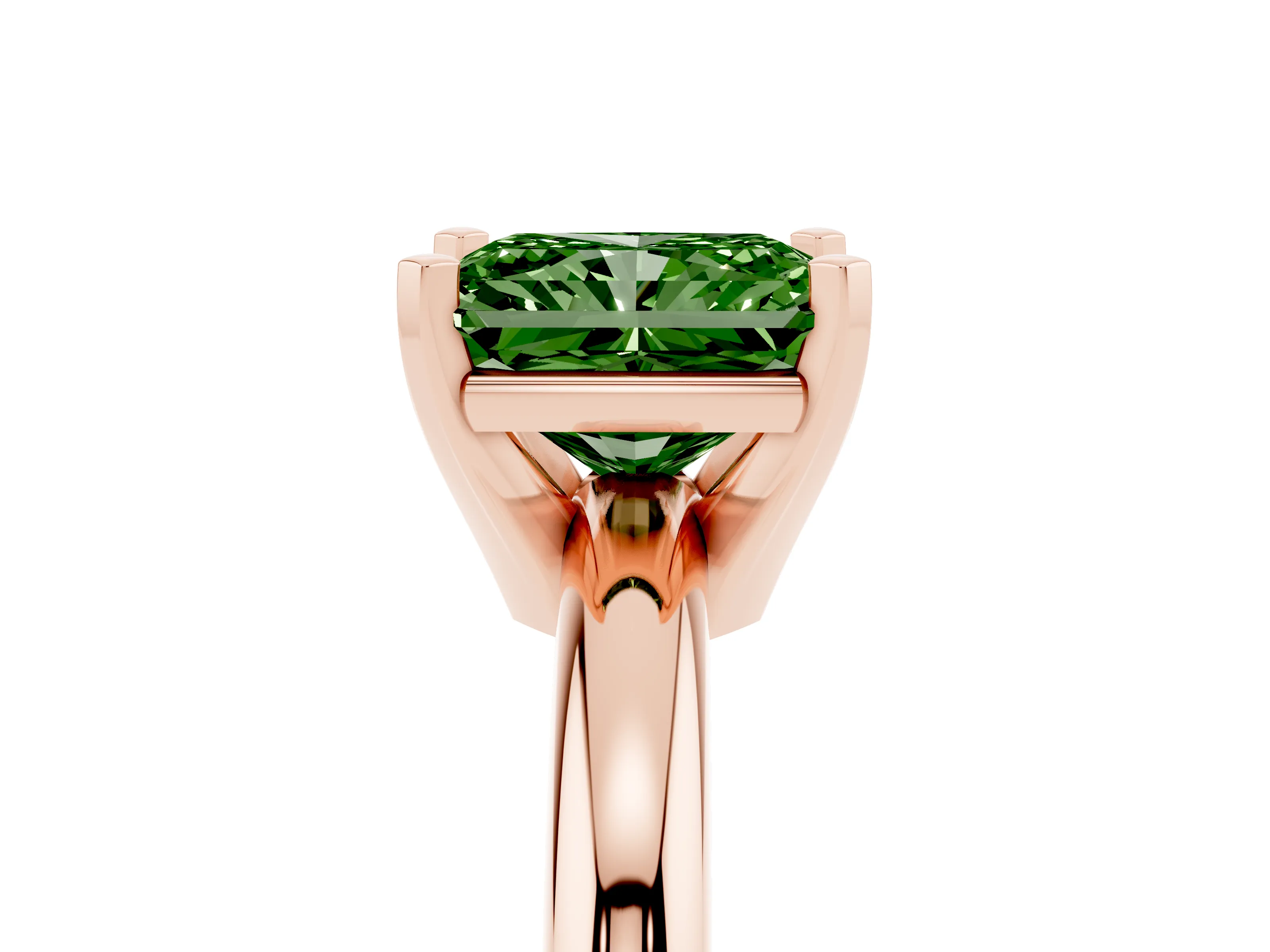 Fancy Green Radiant Cut Diamond Solitaire Engagement Ring Set in Rose gold with Round Band and Prong Setting