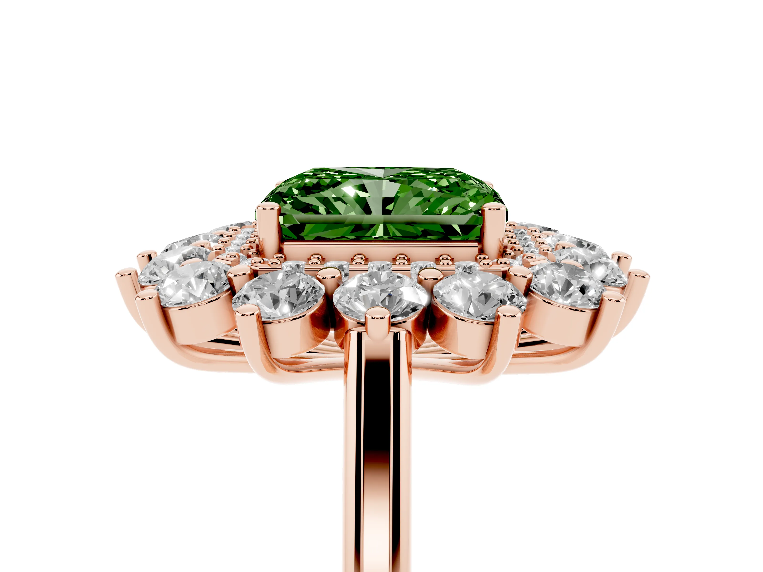 Fancy Green Radiant Cut Diamond Floral Double Halo Ring Set in Rose gold with Round Petals