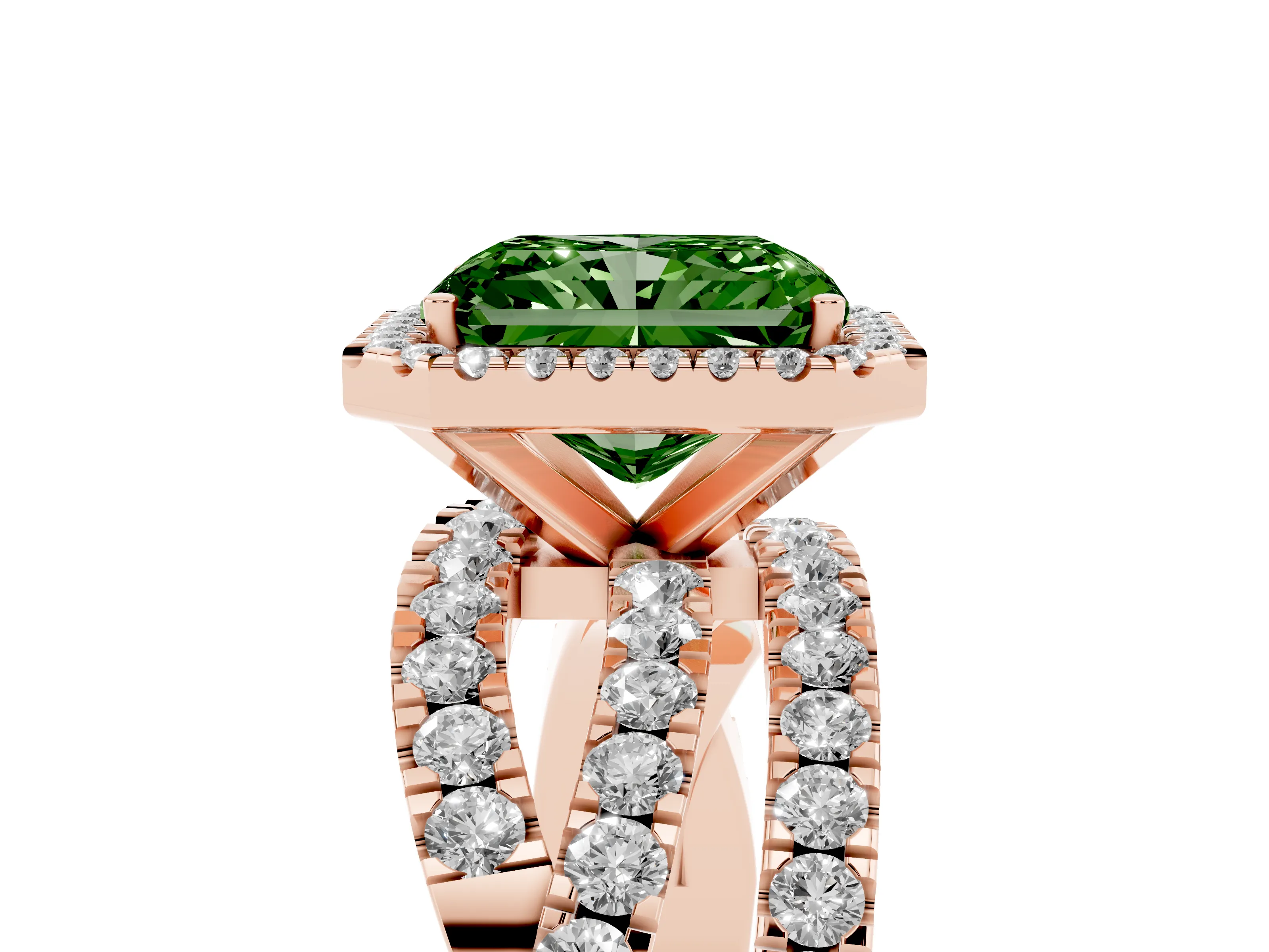 Fancy Green Radiant Cut Diamond Halo Ring Set in Rose gold with Round Crossover Split Shank and Prong Setting