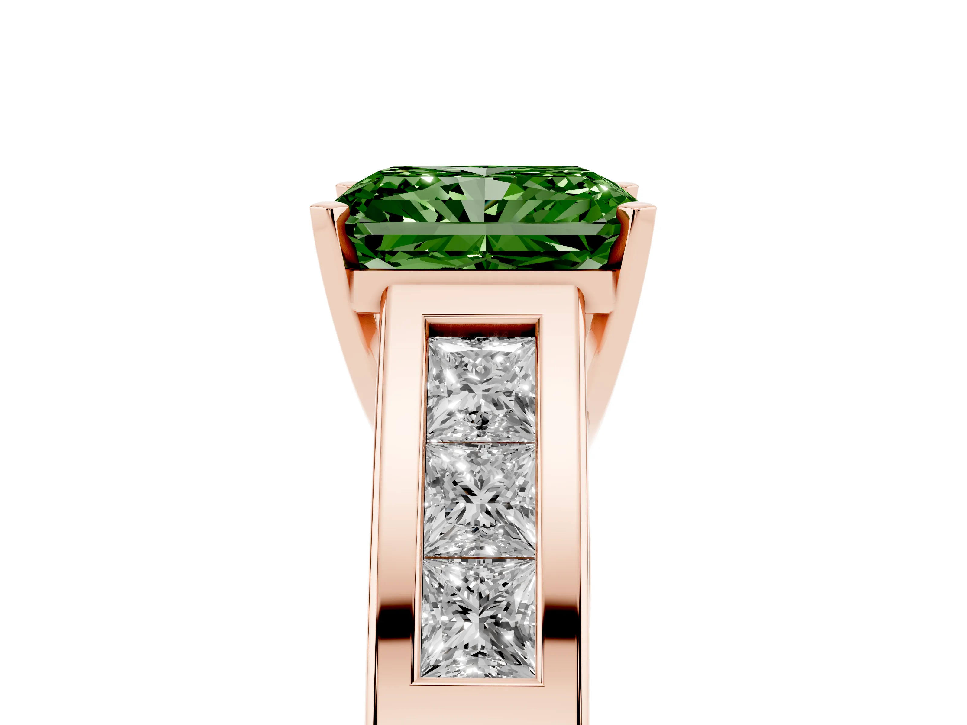 Fancy Green Radiant Cut Diamond Solitaire Ring Set in Rose gold with Channel-Set Accent Stones and Prong Setting