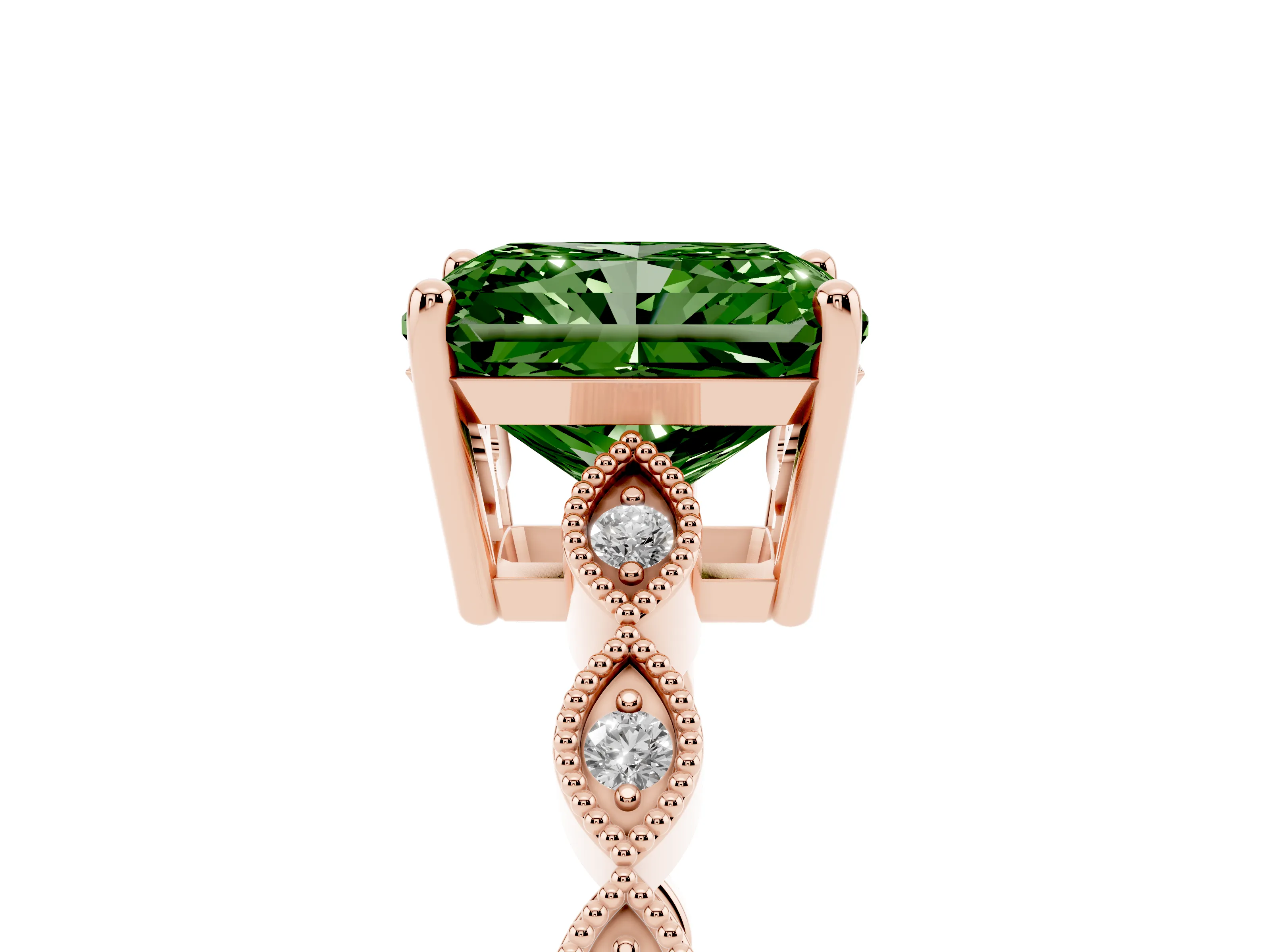Fancy Green Radiant Cut Diamond Solitaire Ring Set in Rose gold with Infinity Twist Pavé Band