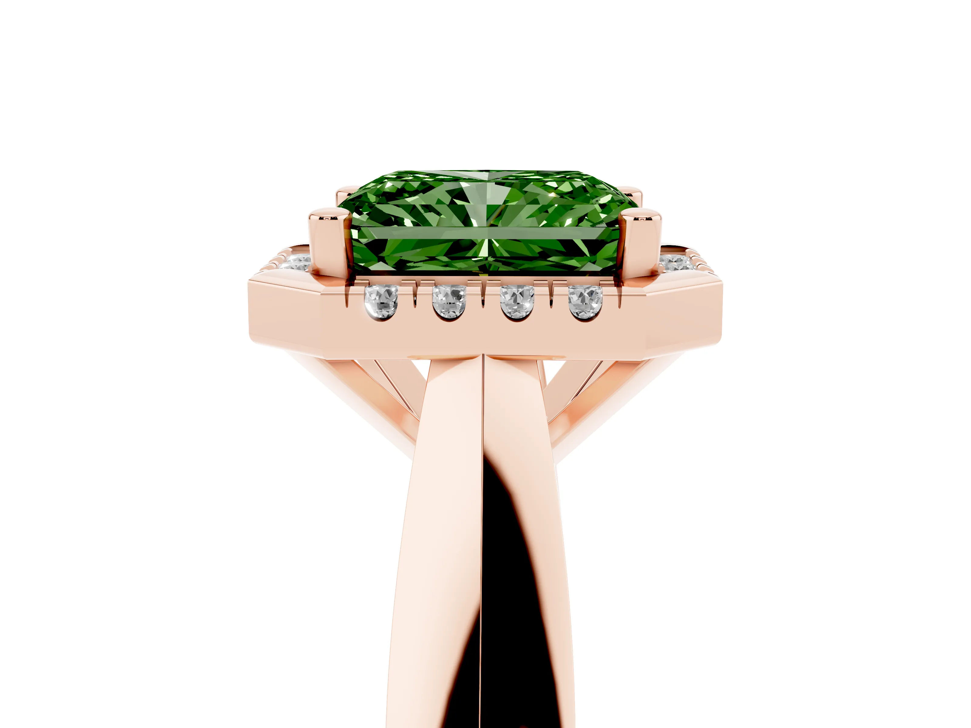 Fancy Green Radiant Cut Diamond Halo Solitaire Engagement Ring Set in Rose gold with Square Band and Prong Setting
