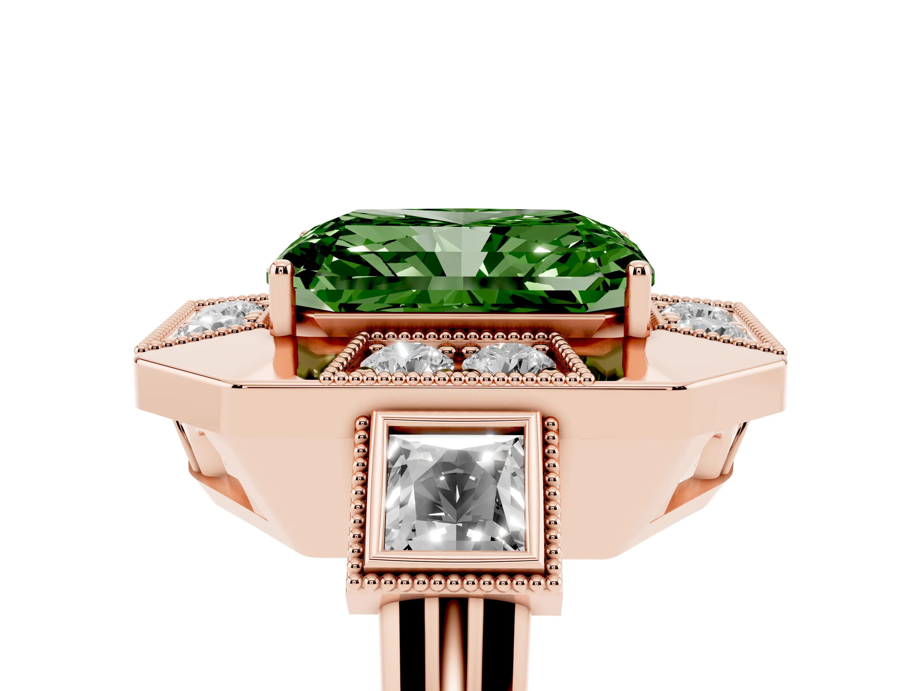 Fancy Green Radiant Cut Diamond Milgrain Halo Ring Set in Rose gold with Split Shank