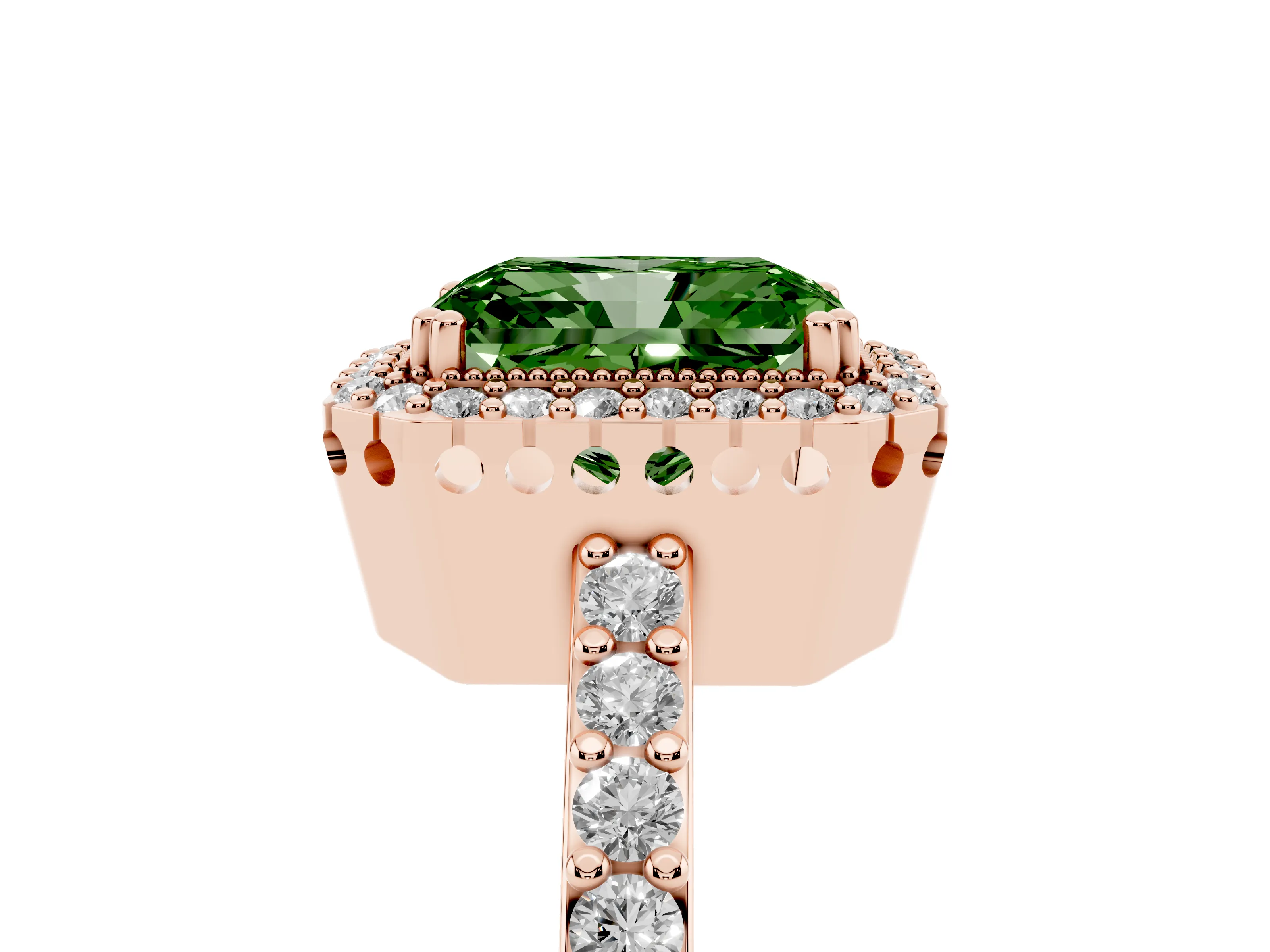 Fancy Green Radiant Cut Diamond Halo Engagement Ring Set in Rose gold with Milgrain Detail and Pavé Band