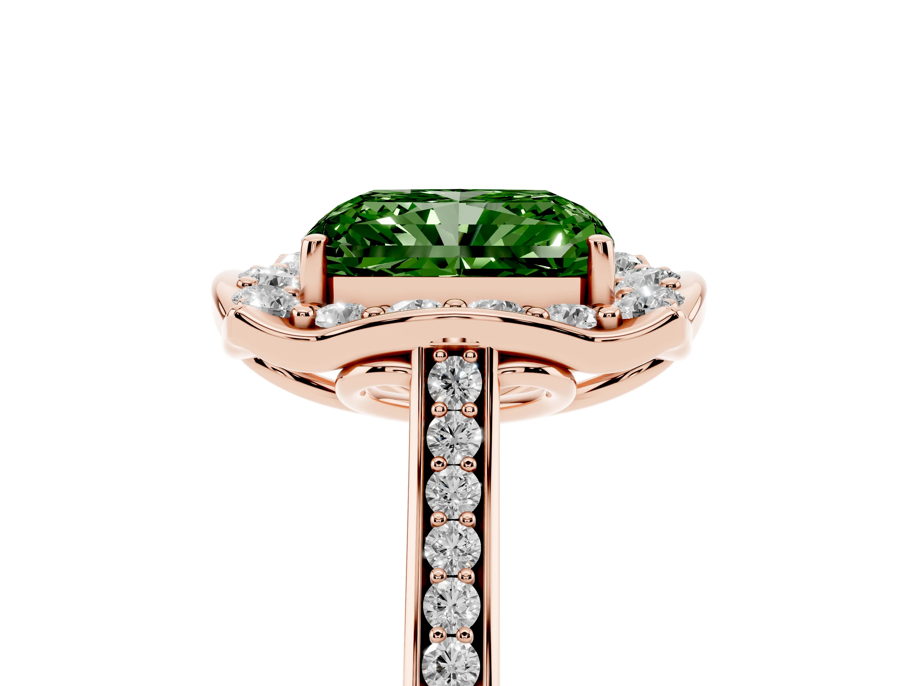Fancy Green Radiant Cut Diamond Halo Ring Set in Rose gold with Pavé-Lined Shoulders and Prong Setting