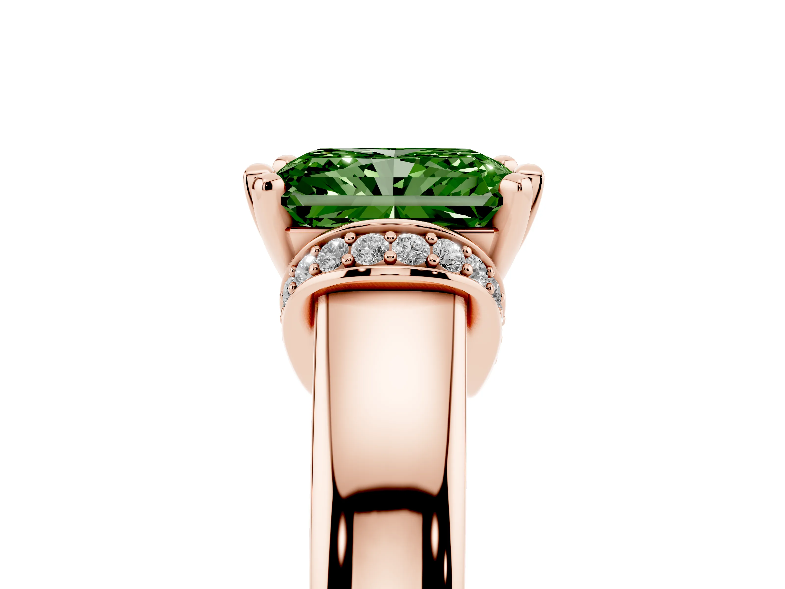 Fancy Green Radiant Cut Diamond Pavé Band Solitaire Ring Set in Rose gold with Prong Setting