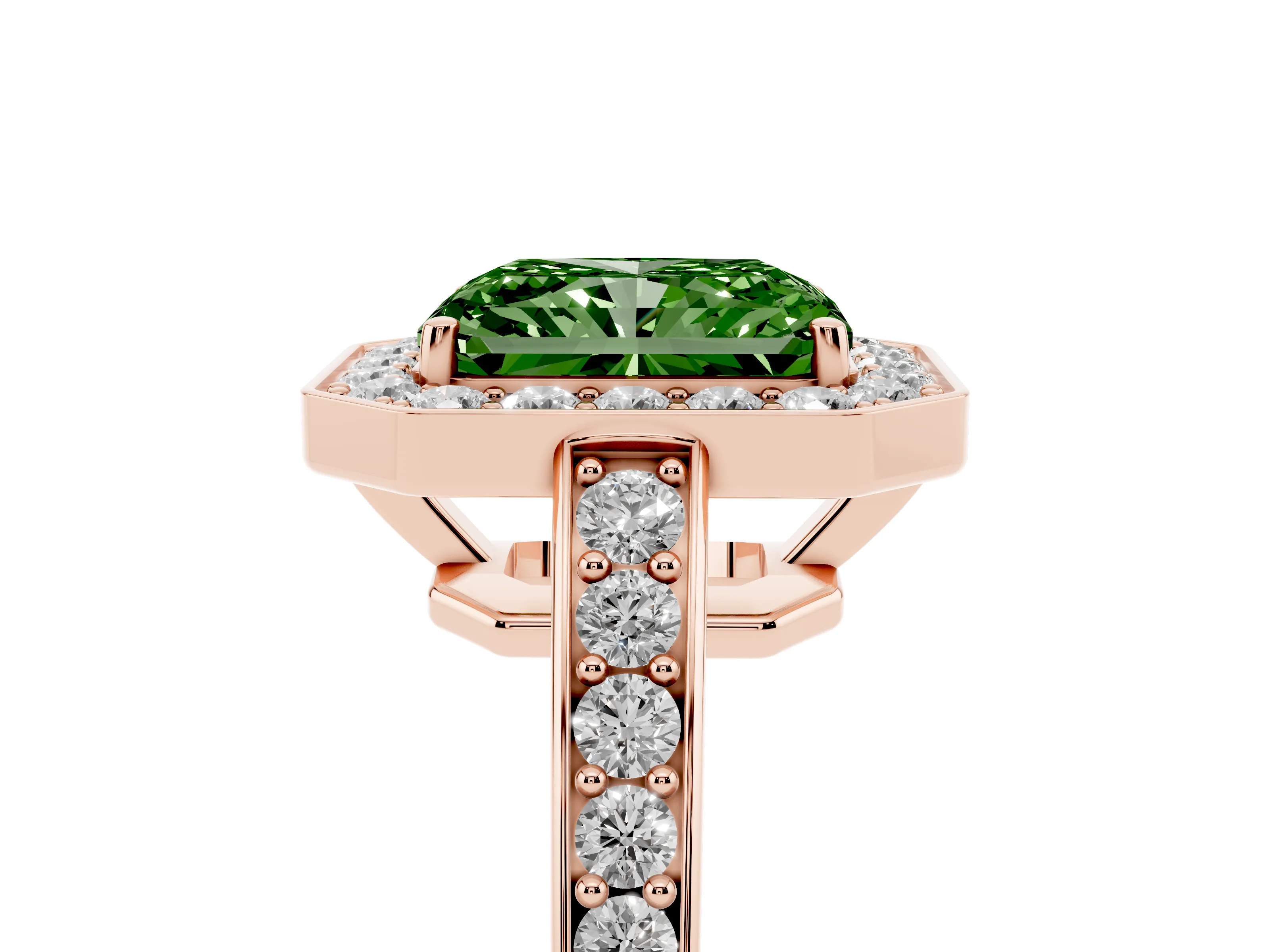Fancy Green Radiant Cut Diamond Halo Pavé Engagement Ring Set in Rose gold with Bezel Setting