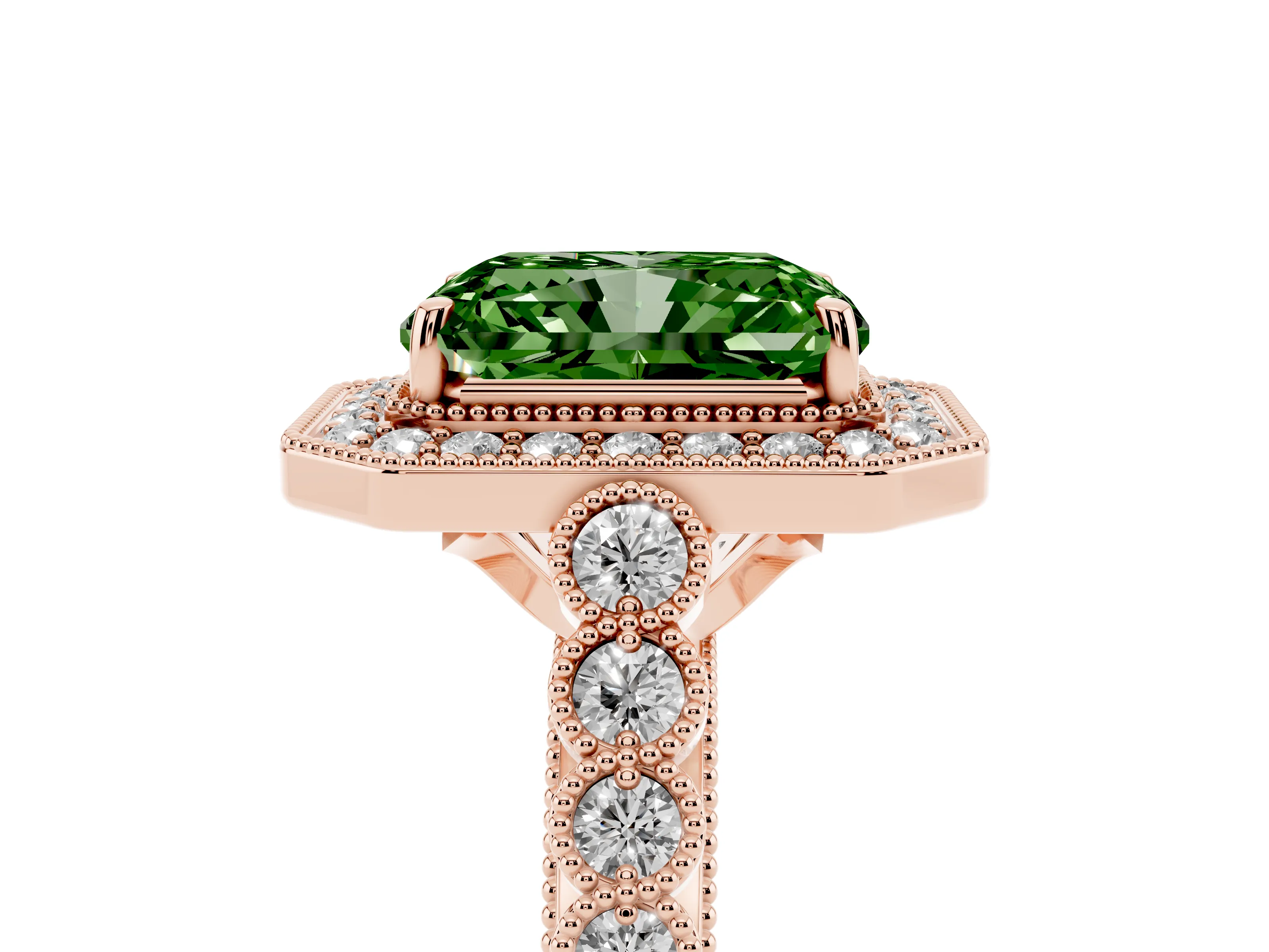 Fancy Green Radiant Cut Diamond Milgrain Halo Solitaire Ring Set in Rose gold with Bezel Set Side Stones and Pavé Band