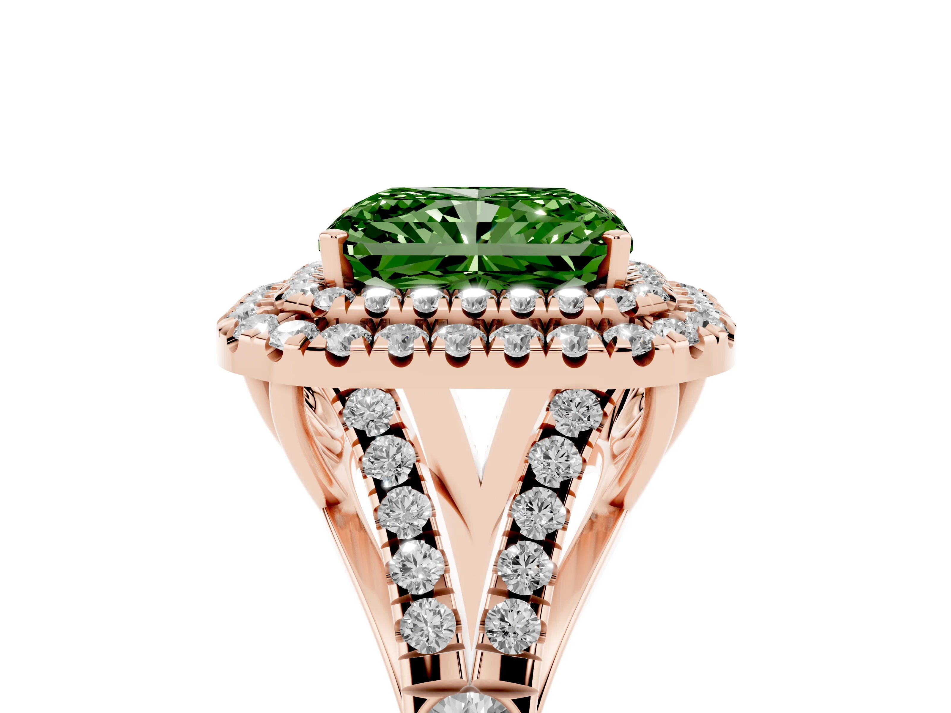 Fancy Green Radiant Cut Diamond Pavé Split Shank Double Halo Engagement Ring Set in Rose gold