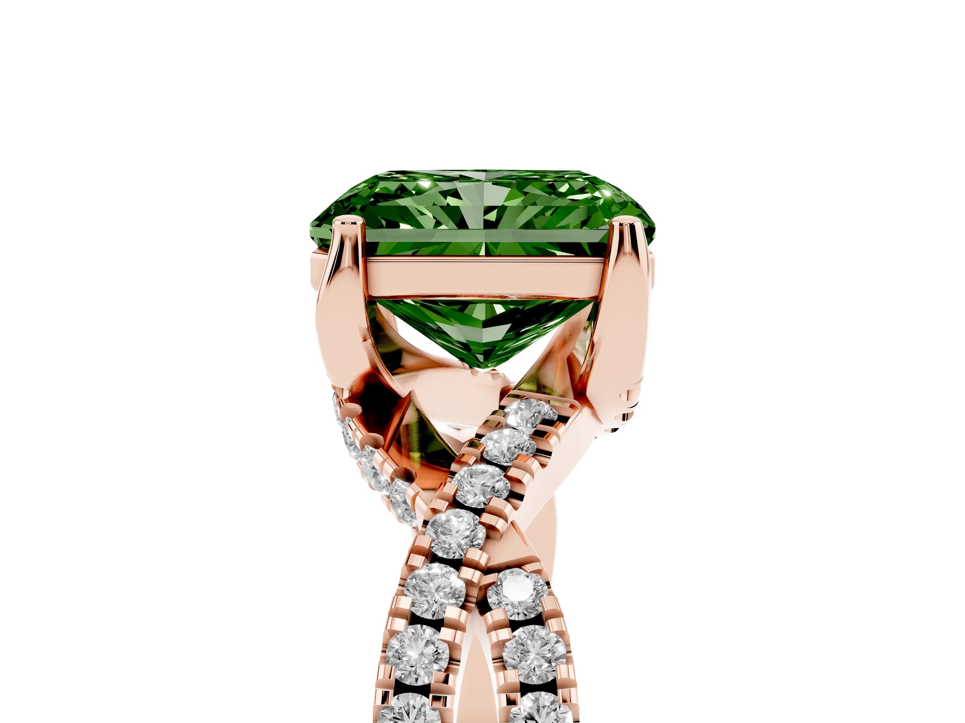 Fancy Green Radiant Cut Diamond Twist Pavé Solitaire Engagement Ring Set in Rose gold with Prong Setting