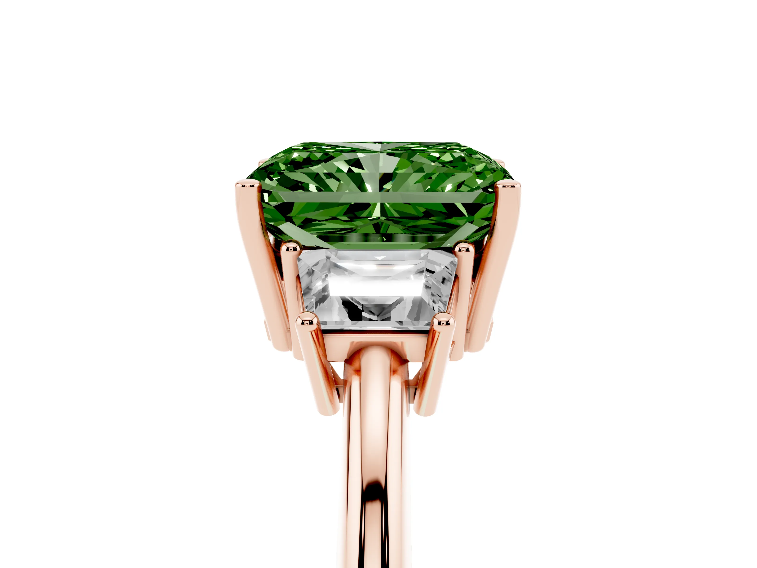 Fancy Green Radiant Cut Diamond Three-Stone Ring Set in Rose gold with Trapezoid Side Stones and Prong Setting