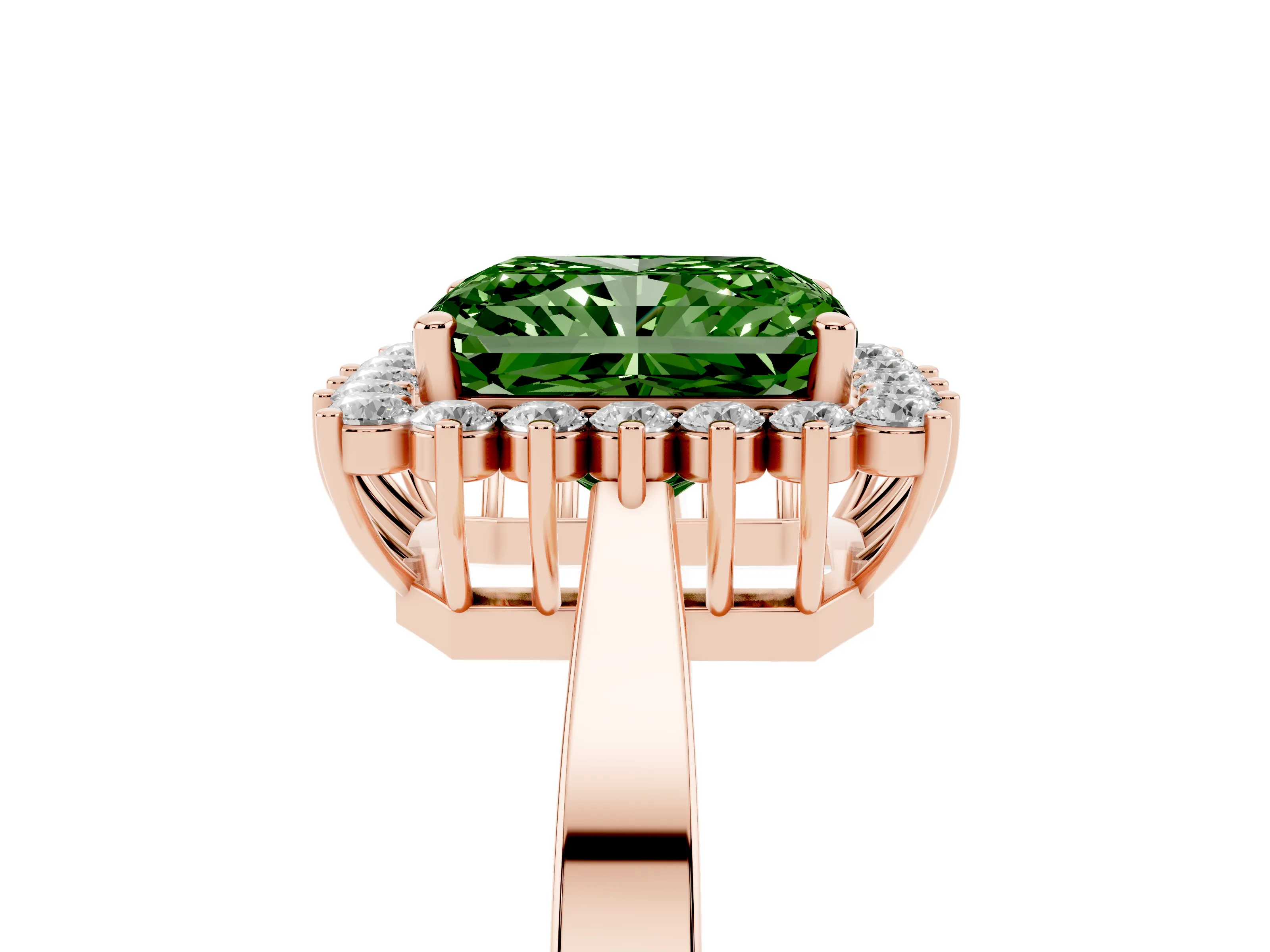 Fancy Green Radiant Cut Diamond Halo Ring Set in Rose gold with Round Halo and Smooth Solitaire Band
