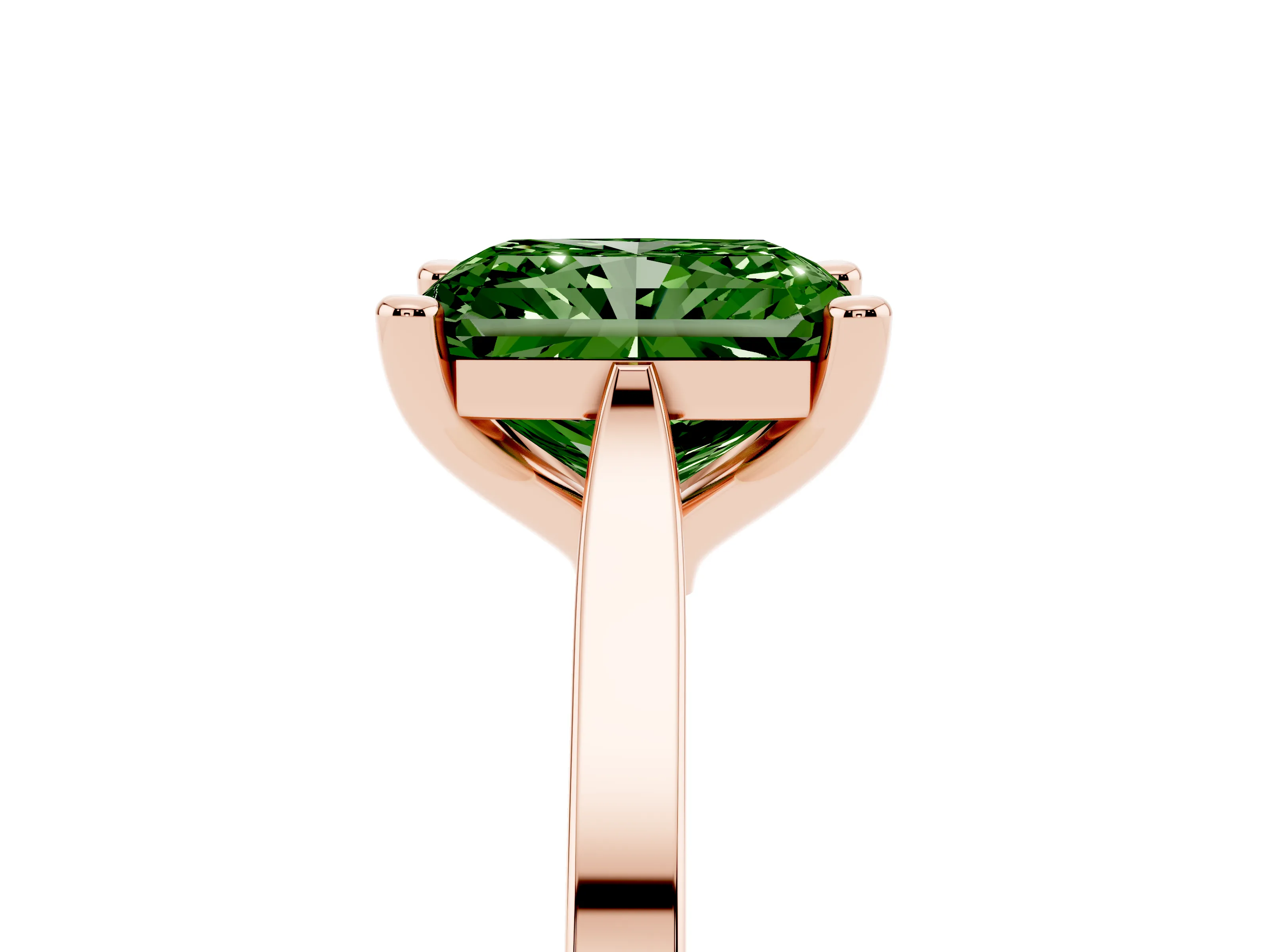Fancy Green Radiant Cut Diamond Solitaire Ring Set in Rose gold with Prong Setting and Tapered Band