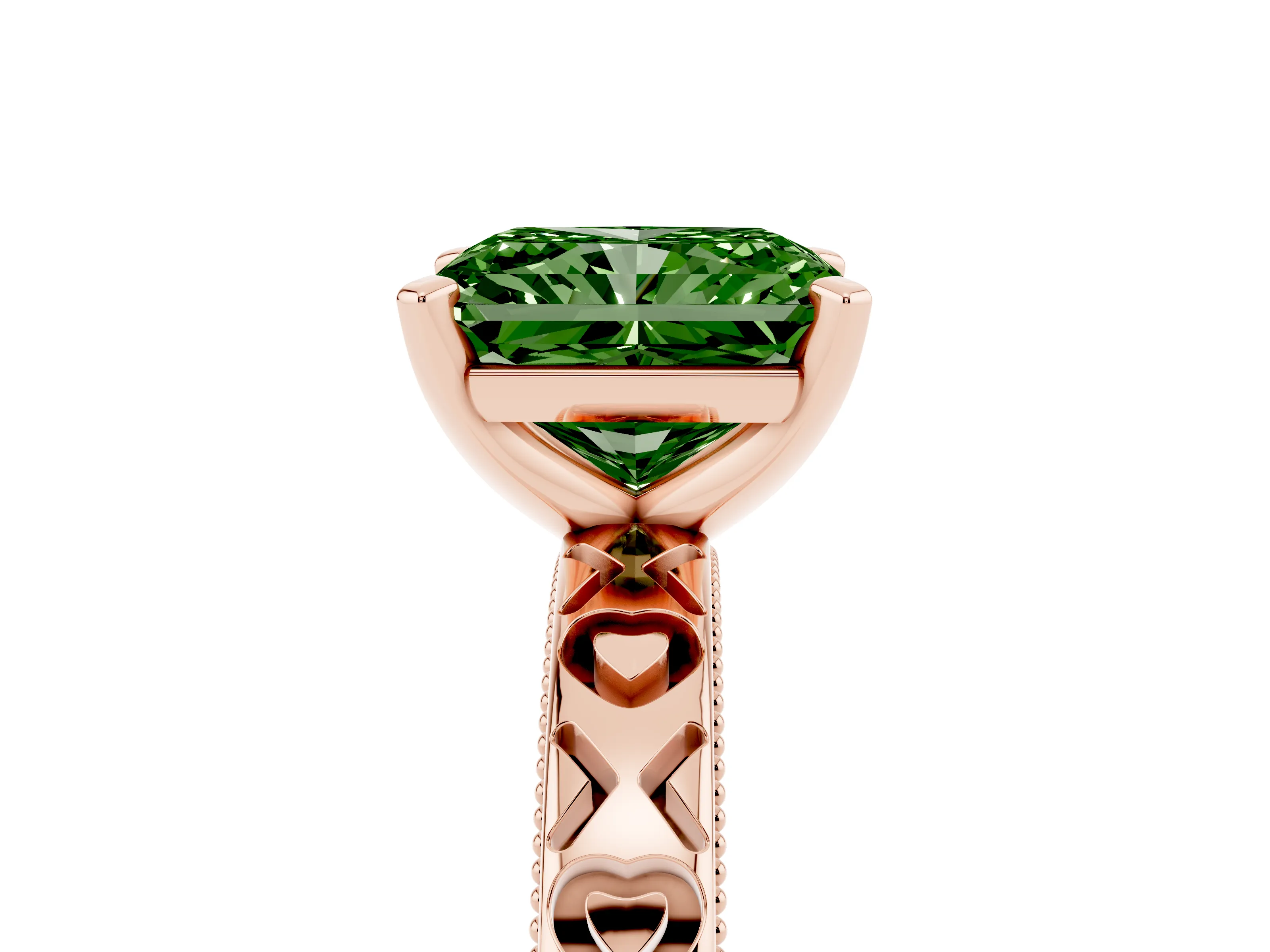 Fancy Green Radiant Cut Diamond Solitaire Engagement Ring Set in Rose gold with XO Engraved Band and Prong Setting
