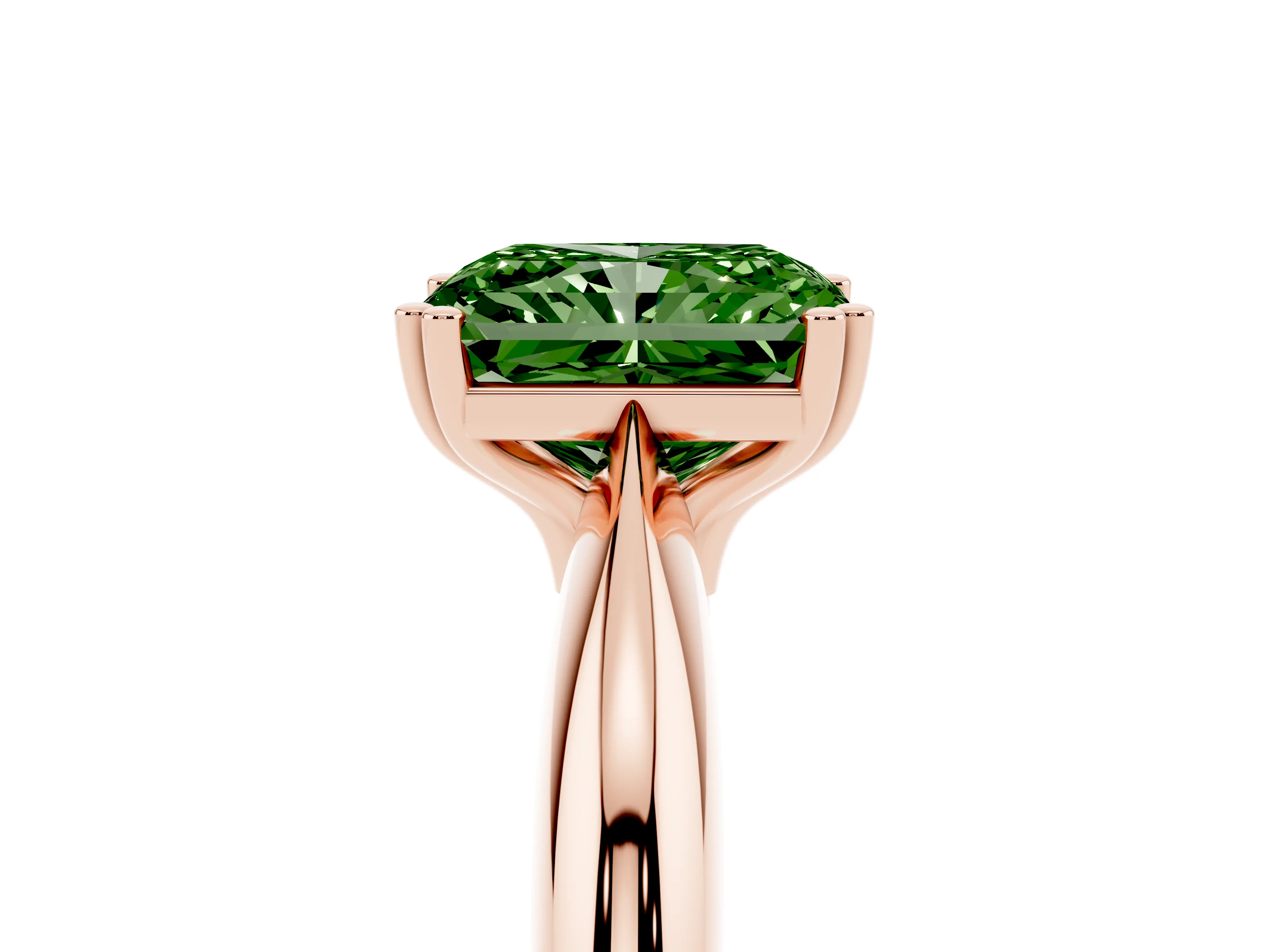 Fancy Green Radiant Cut Diamond Solitaire Engagement Ring Set in Rose gold with Tapered Band and Prong Setting