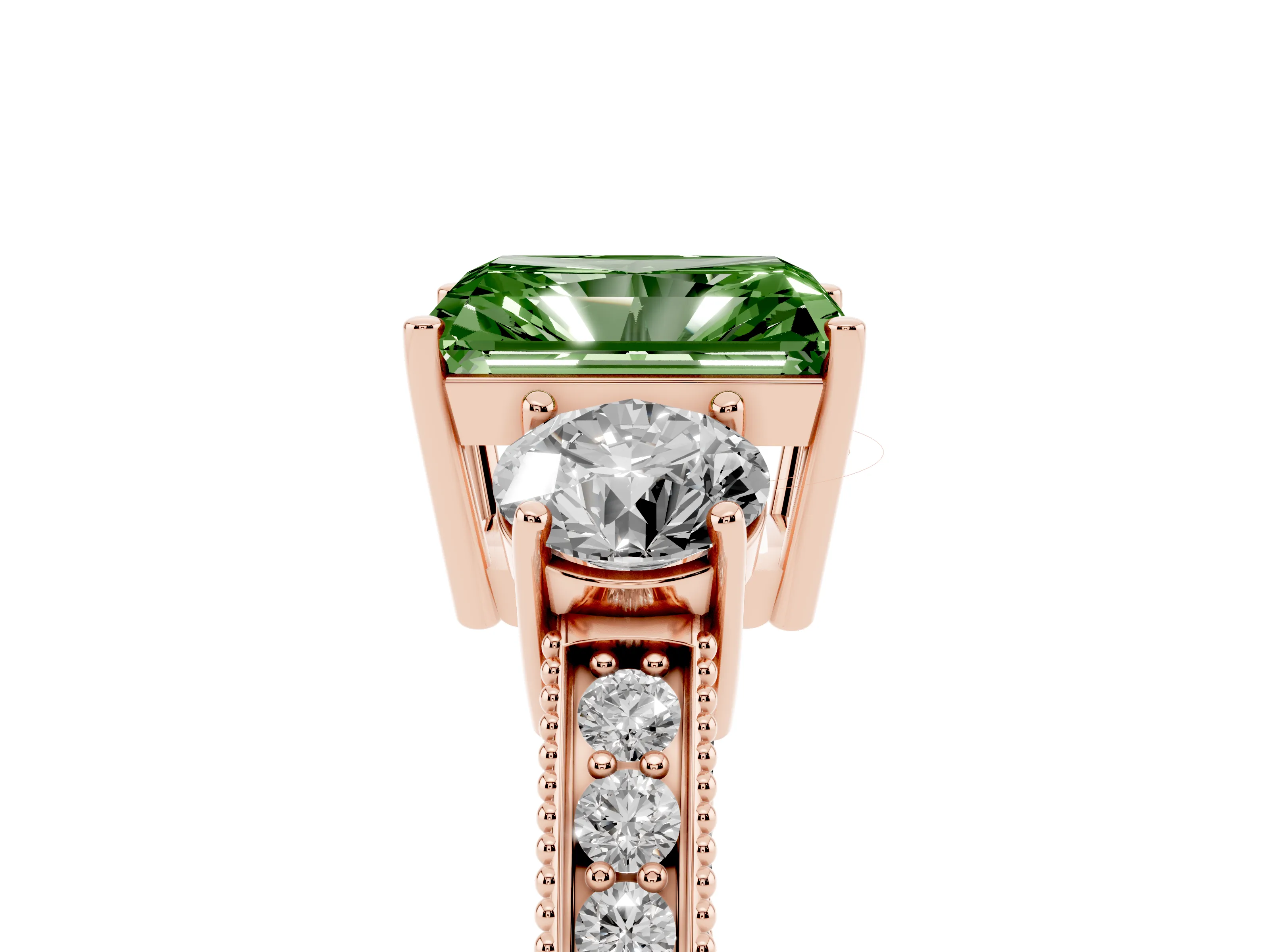 Fancy Green Radiant Cut Diamond Three-Stone Ring Set in Rose gold with Round Side Stones and Pavé Band
