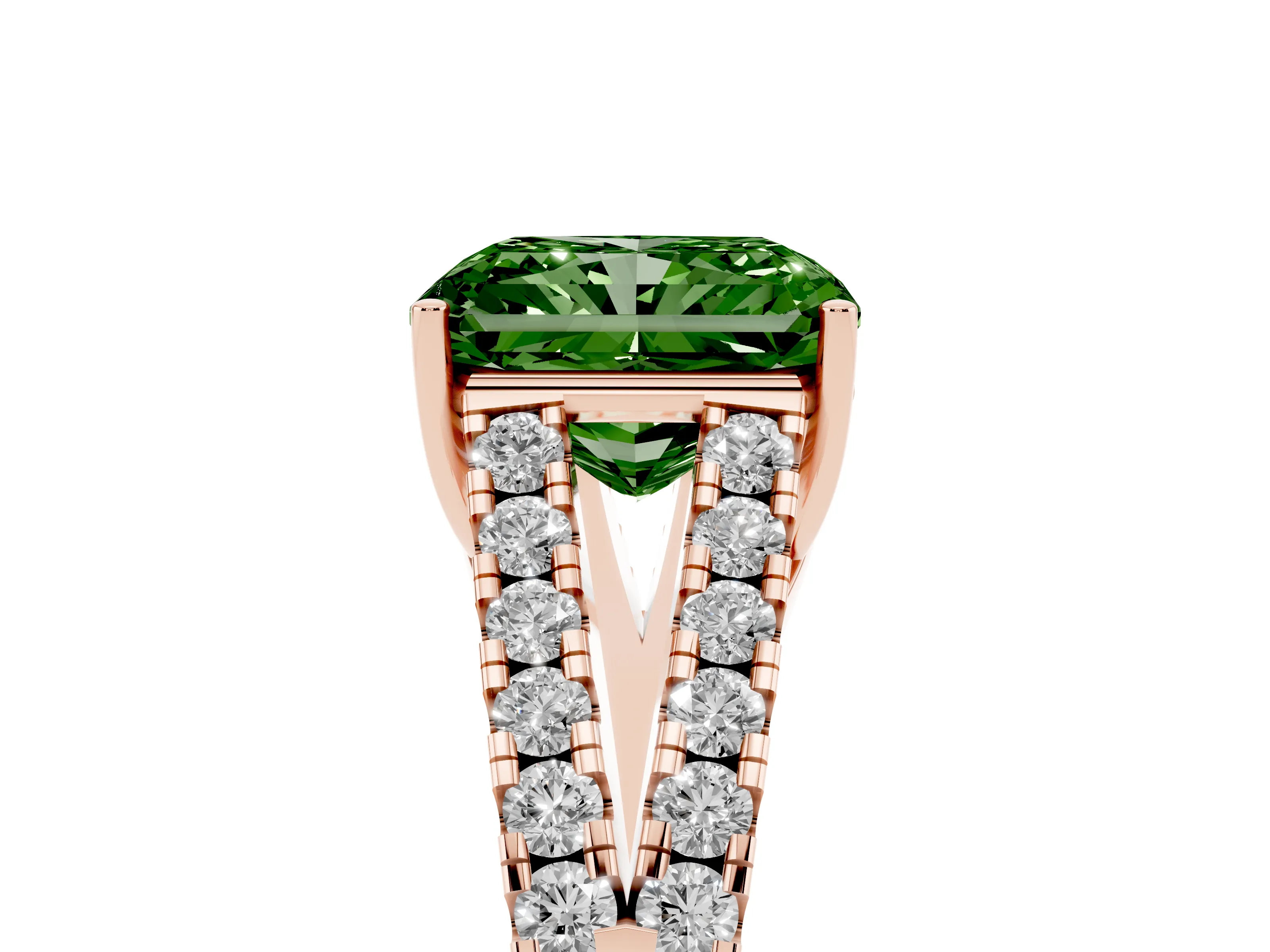 Fancy Green Radiant Cut Diamond Split Shank Pavé Engagement Ring Set in Rose gold with Prong-Held Center Stone