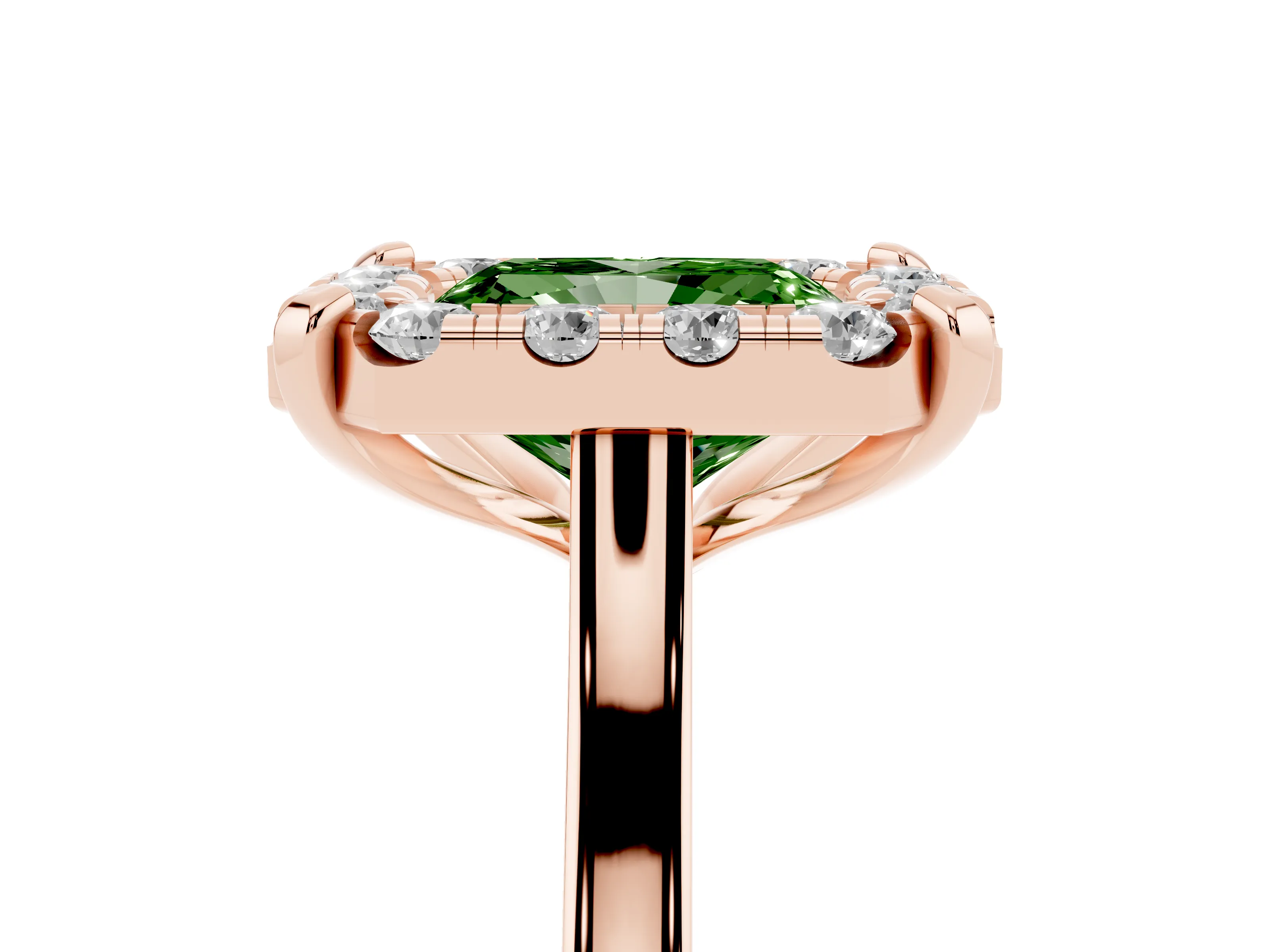 Fancy Green Radiant Cut Diamond Cluster Halo Solitaire Ring Set in Rose gold with Prong Setting