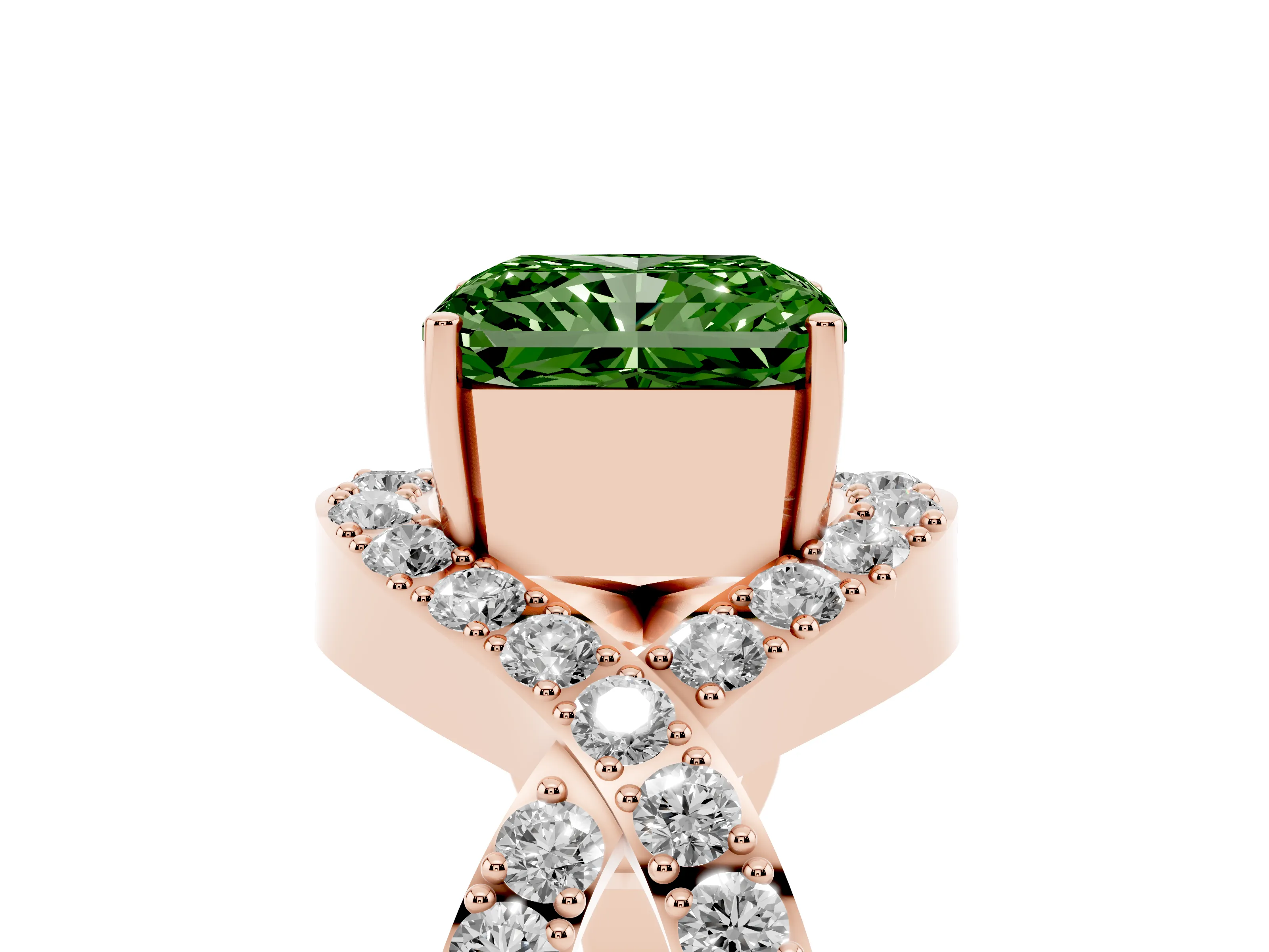 Fancy Green Radiant Cut Diamond Solitaire Twist Band Pavé Engagement Ring Set in Rose gold
