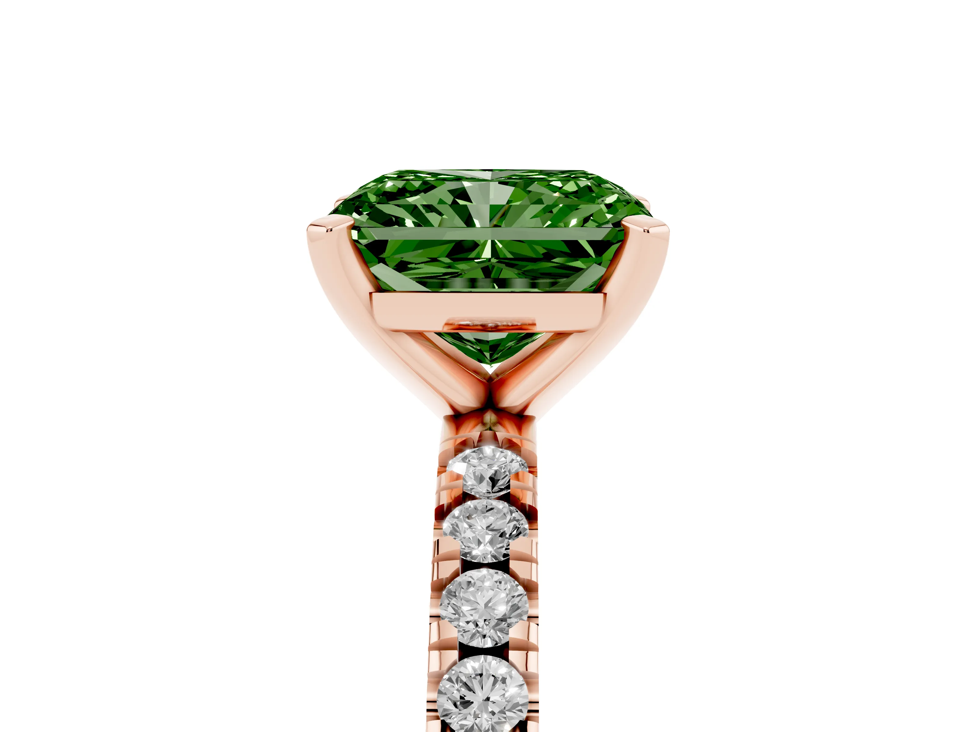 Fancy Green Radiant Cut Diamond Pavé Band Solitaire Set in Rose gold with Prong Setting