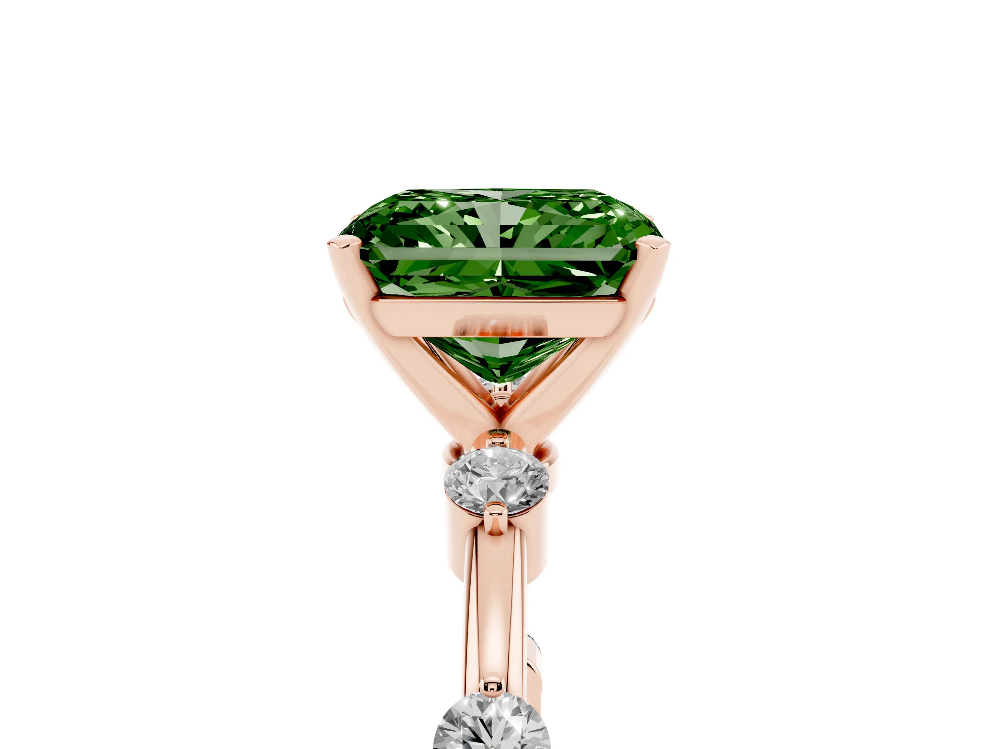 Fancy Green Radiant Cut Diamond Solitaire Ring Set in Rose gold with Bezel Set Side Stones and Prong Setting