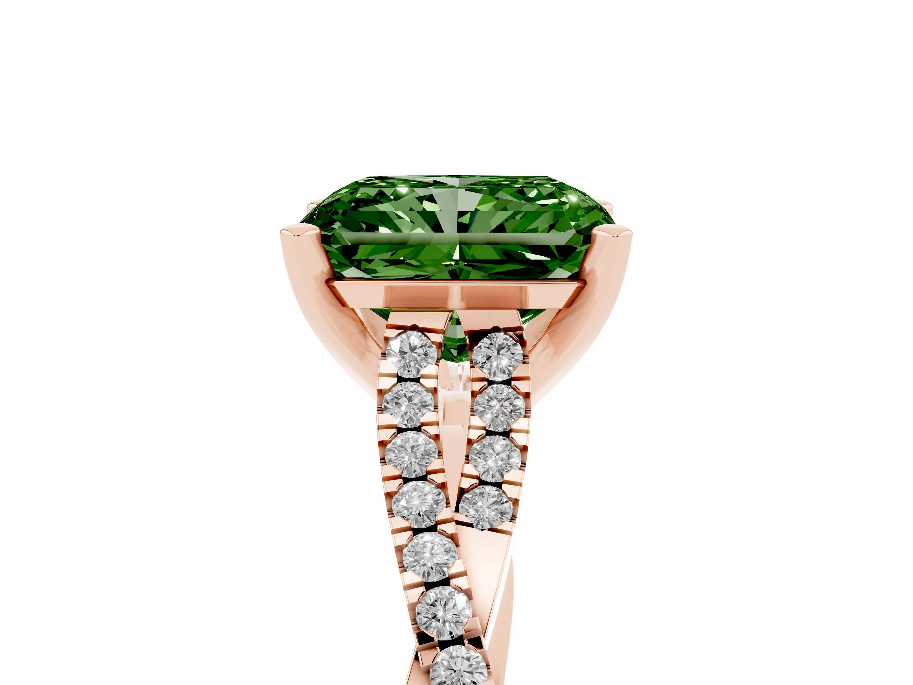 Fancy Green Radiant Cut Diamond Solitaire Engagement Ring Set in Rose gold with Twisted Pavé Band and Prong Setting