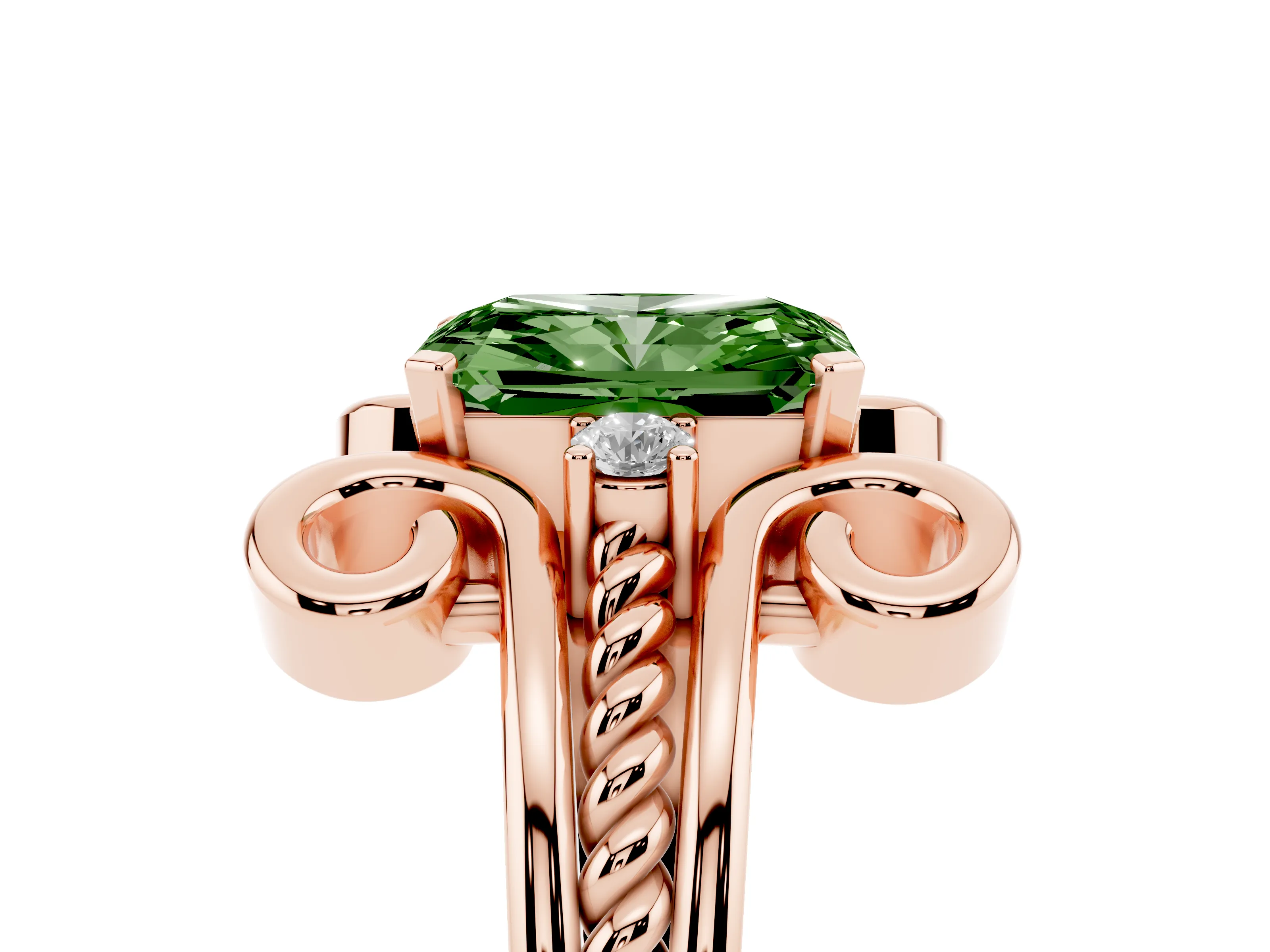 Fancy Green Radiant Cut Diamond Twisted Band Solitaire Ring Set in Rose gold with Scroll Prongs