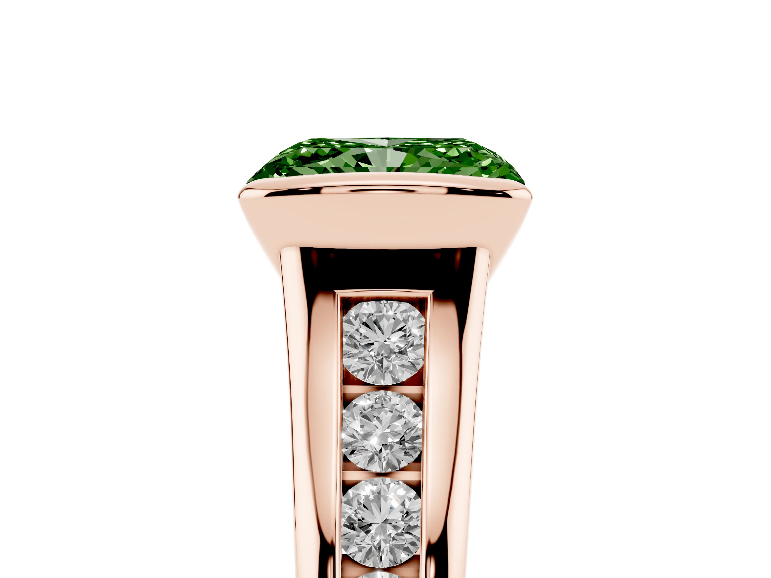 Fancy Green Radiant Cut Diamond Bezel-Set Solitaire Ring Set in Rose gold with Channel-Set Band