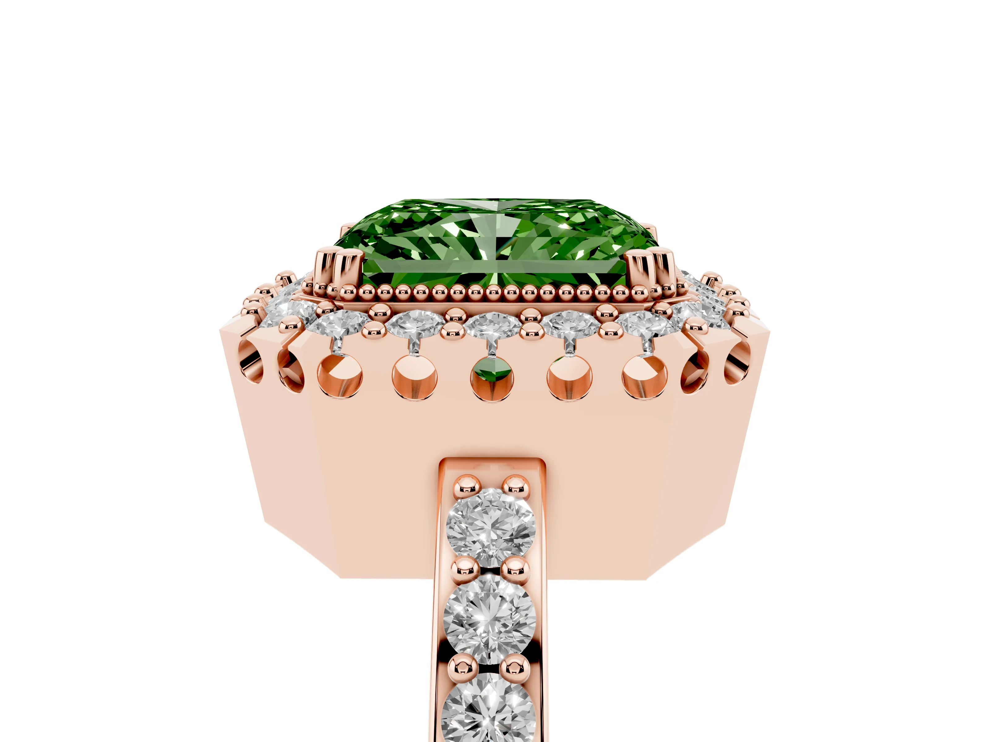 Fancy Green Radiant Cut Diamond Halo Ring Set in Rose gold with Pavé Shank and Prong Setting