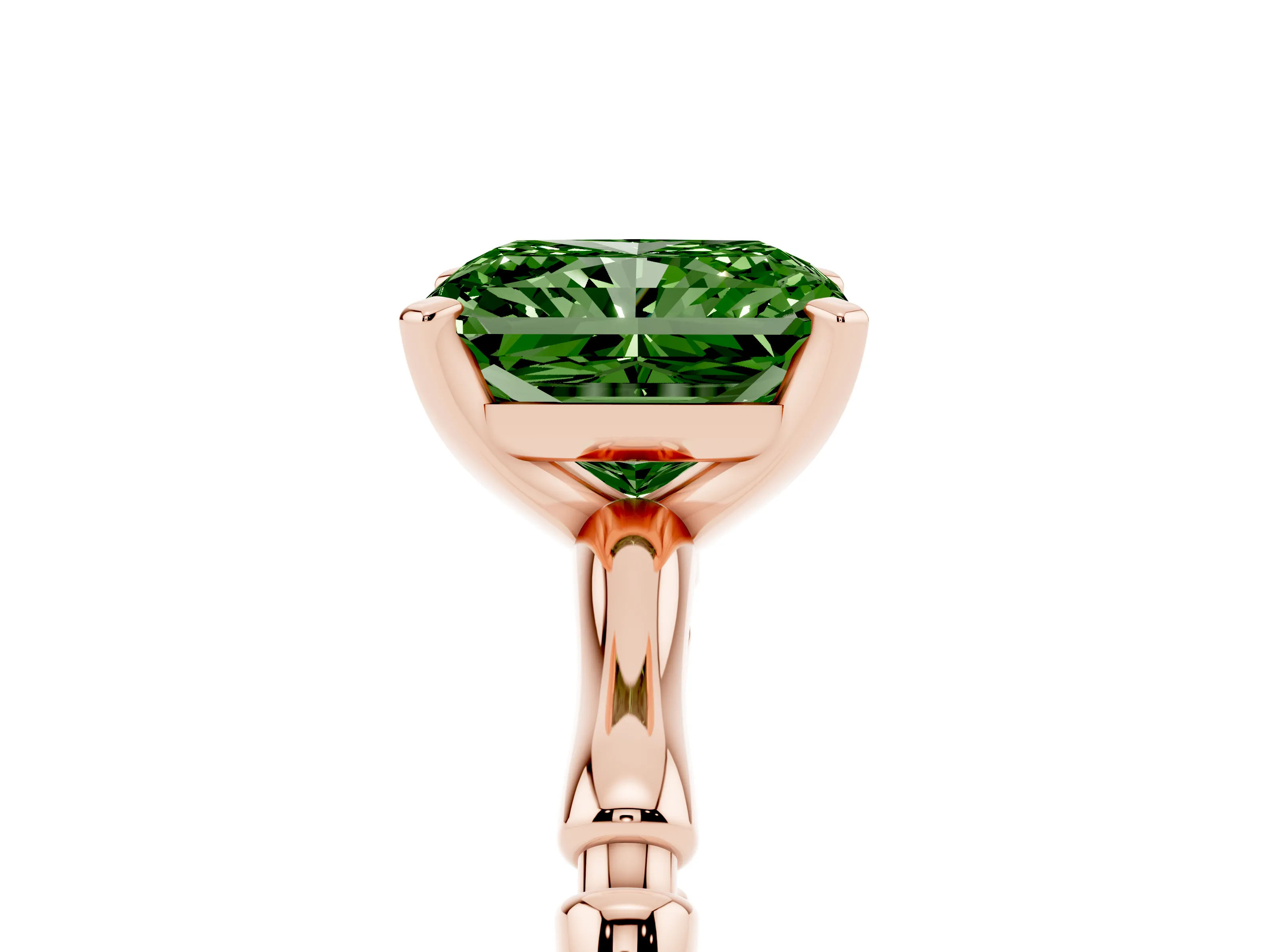 Fancy Green Radiant Cut Diamond Solitaire Ring Set in Rose gold with Bamboo Band and Prong Setting