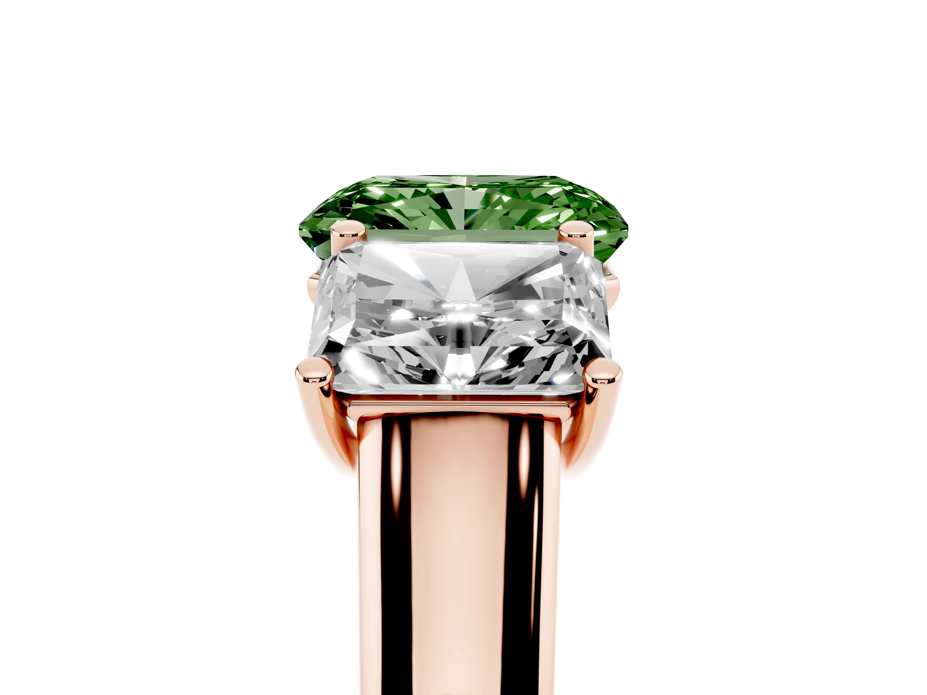 Fancy Green Radiant Cut Diamond Three-Stone Ring Set in Rose gold with Plain Polished Band