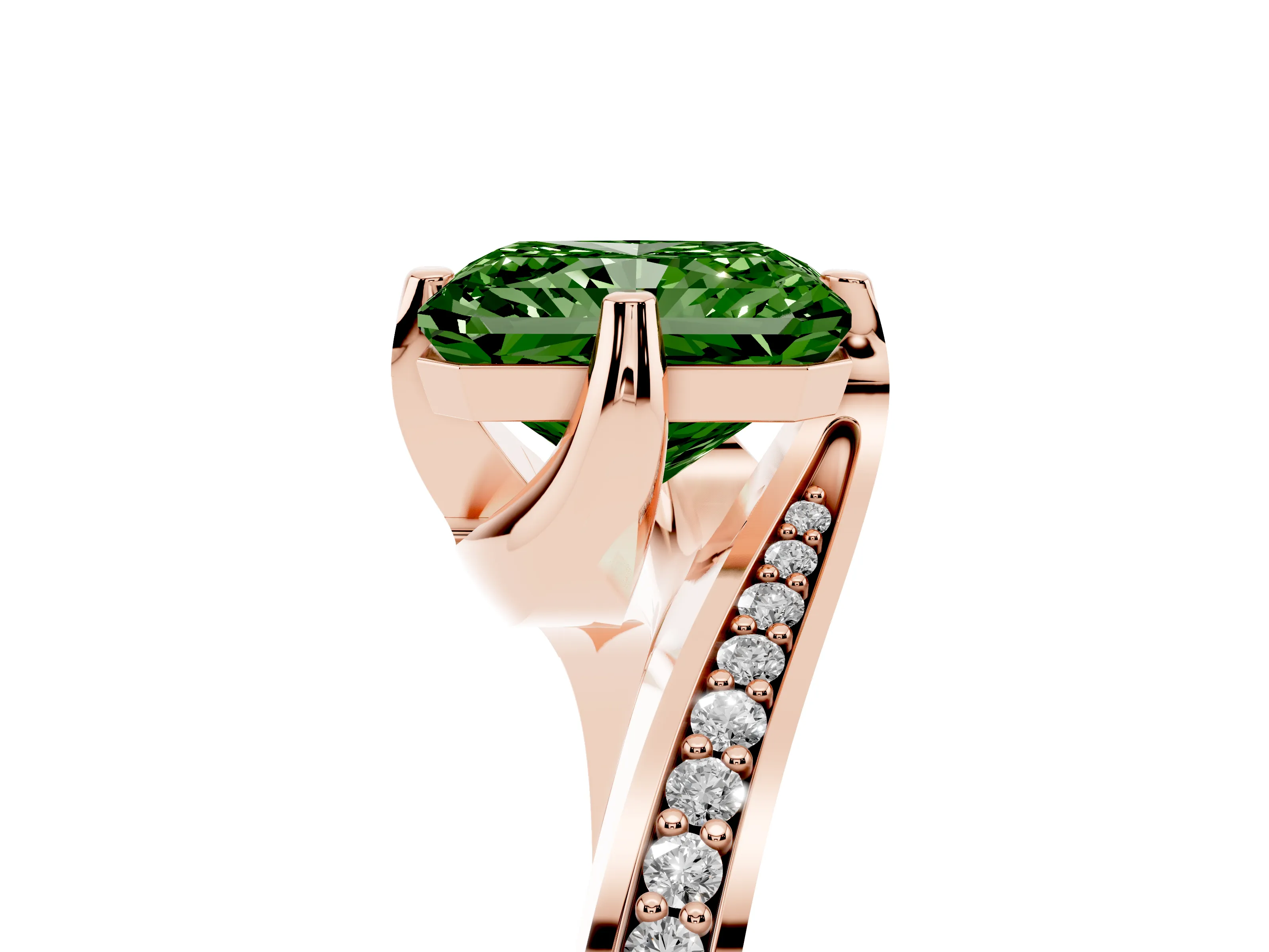 Fancy Green Radiant Cut Diamond Solitaire Ring Set in Rose gold with Intertwined Pavé Twist Band