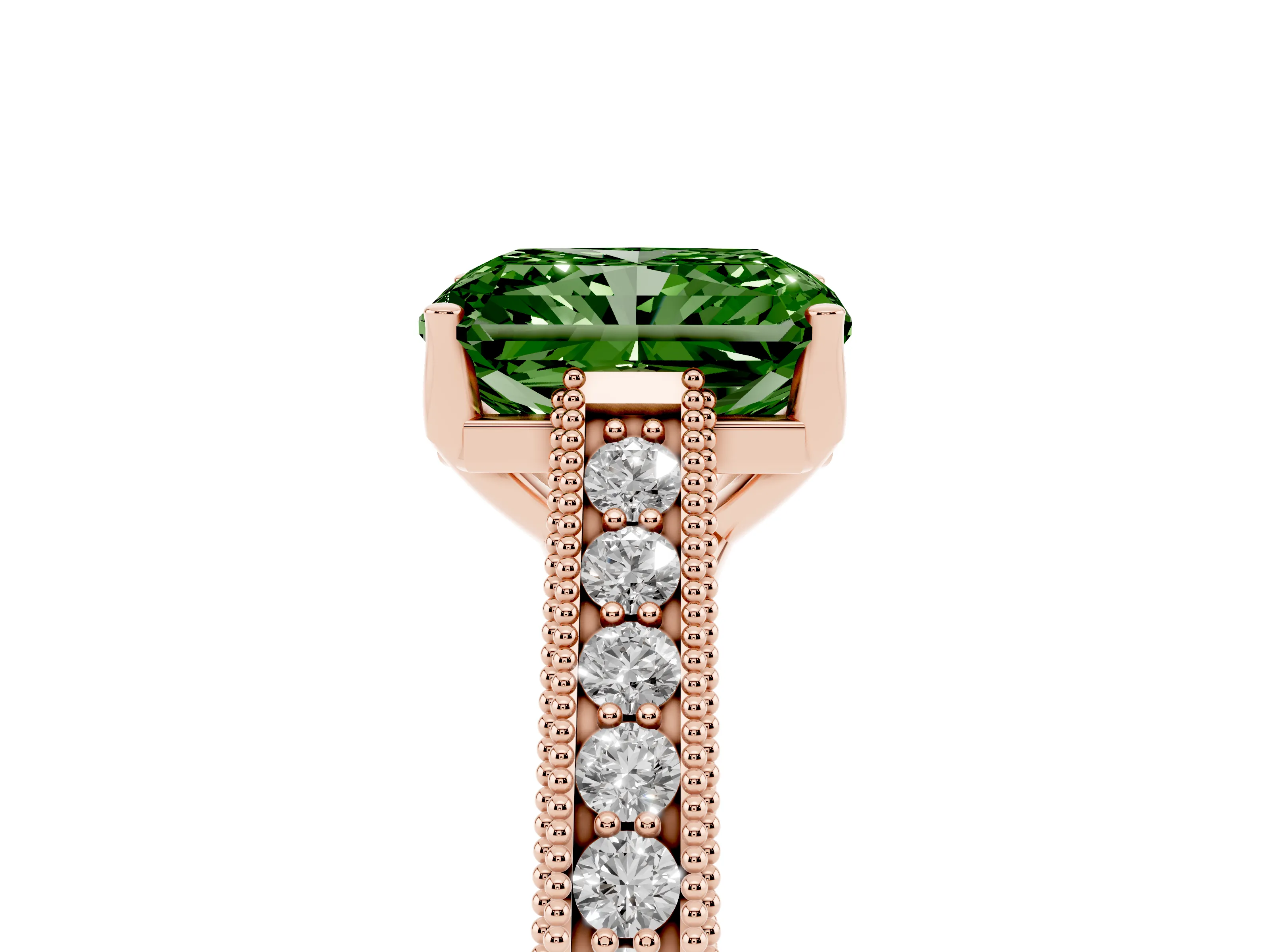 Fancy Green Radiant Cut Diamond Milgrain Pavé Band Solitaire Ring Set in Rose gold with Prong Setting
