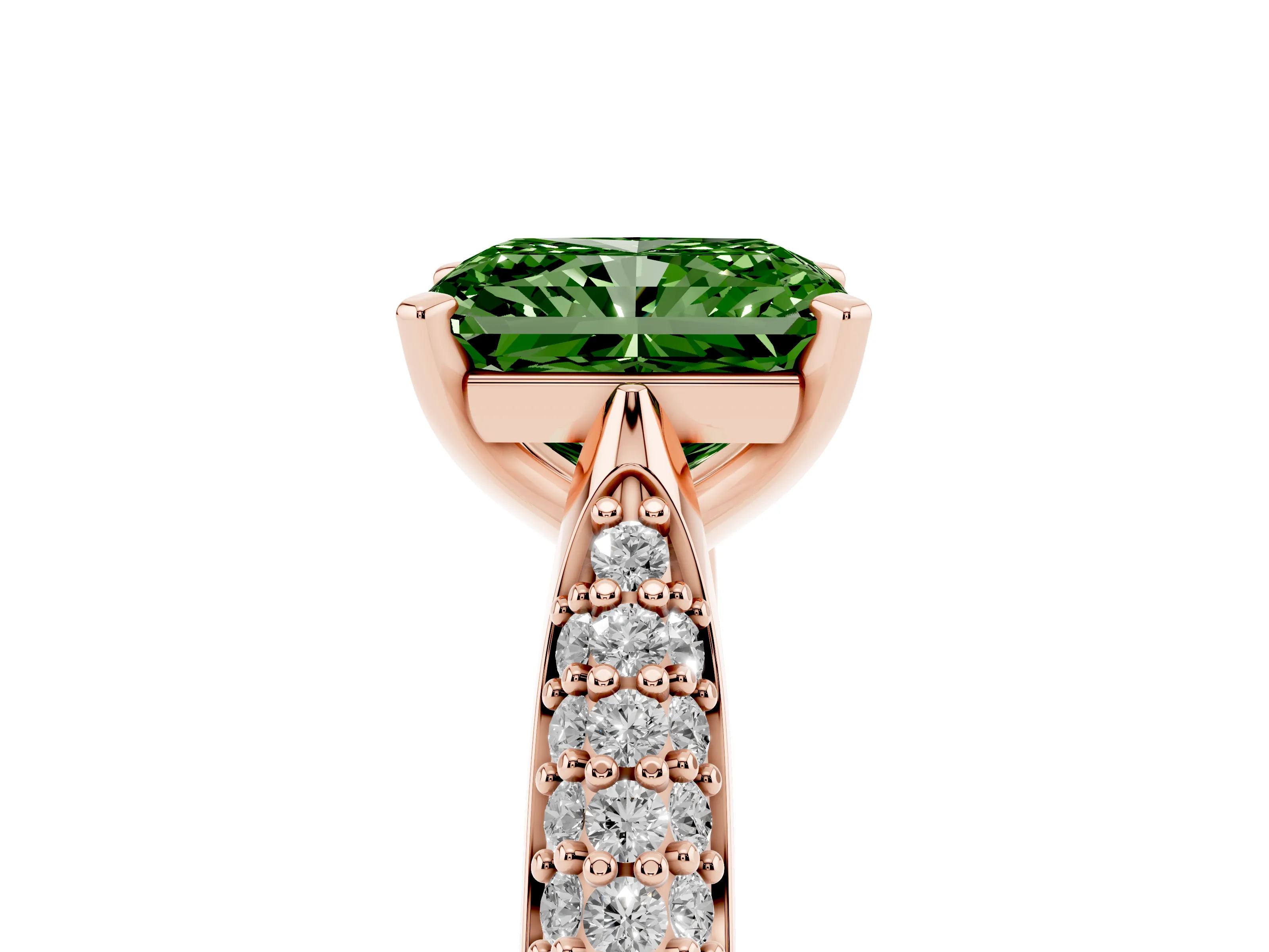 Fancy Green Radiant Cut Diamond Solitaire Engagement Ring Set in Rose gold with Multi-Row Round Pavé Band and Prong Setting