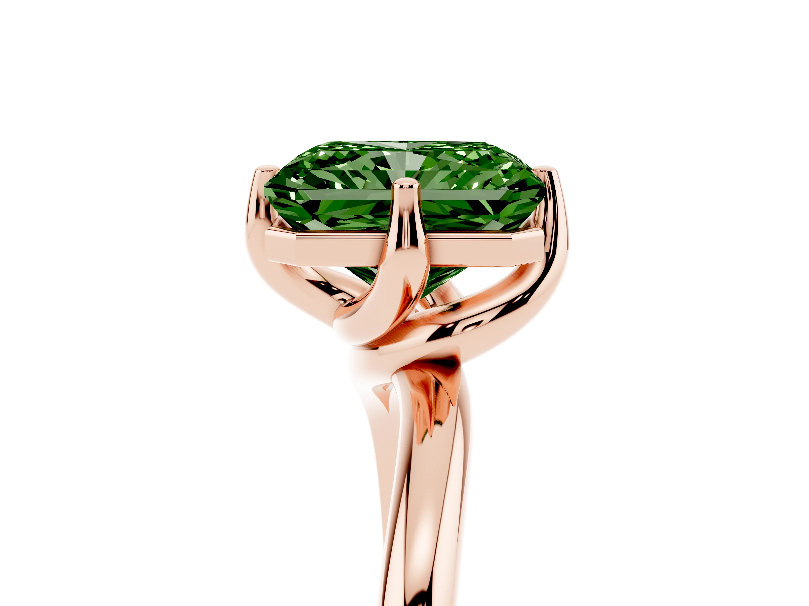 Fancy Green Radiant Cut Diamond Solitaire Engagement Ring Set in Rose gold with Classic Plain Band
