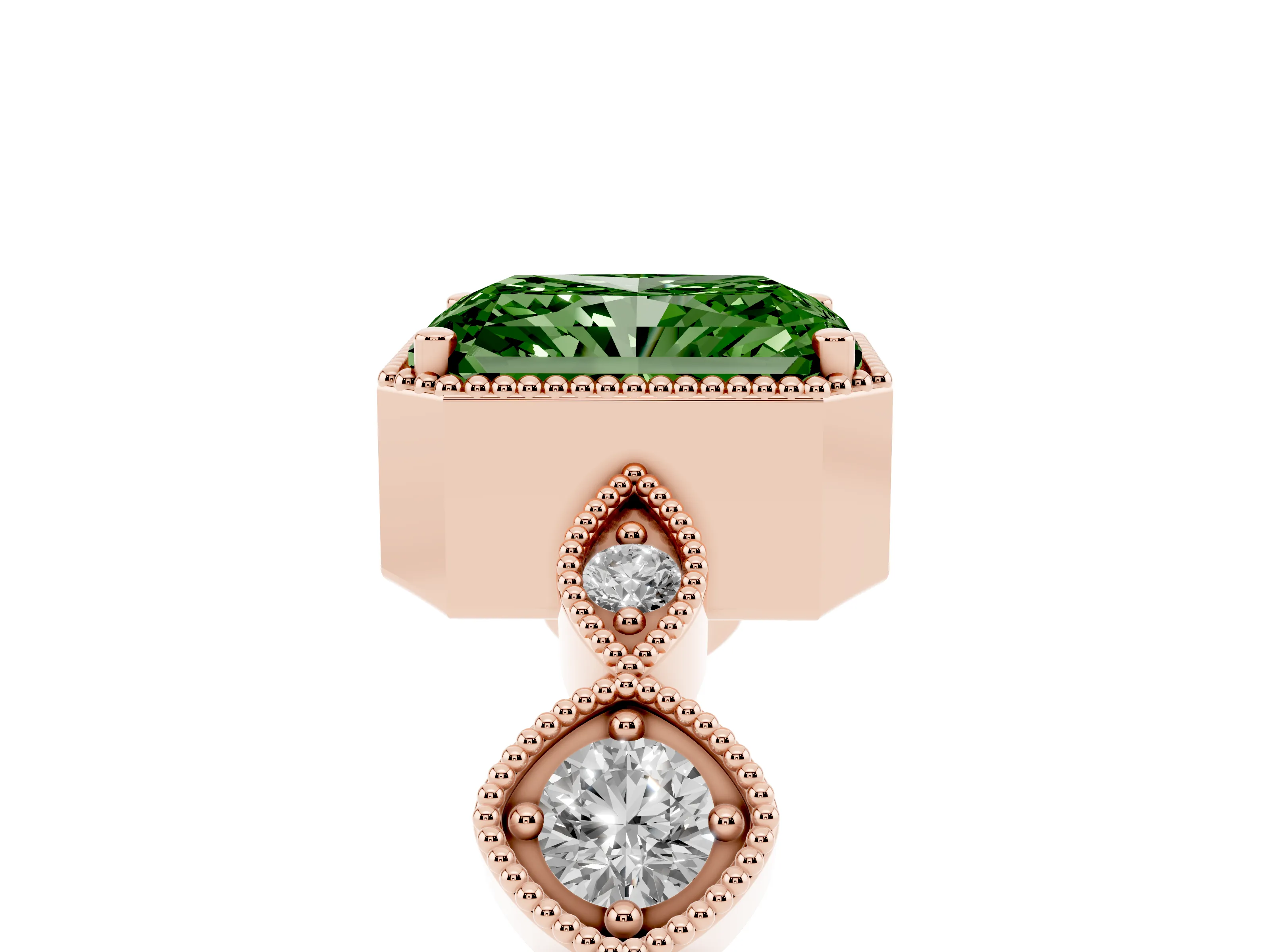Fancy Green Radiant Cut Diamond Vintage-Inspired Milgrain Ring Set in Rose gold with Marquise Stations of Round Accents