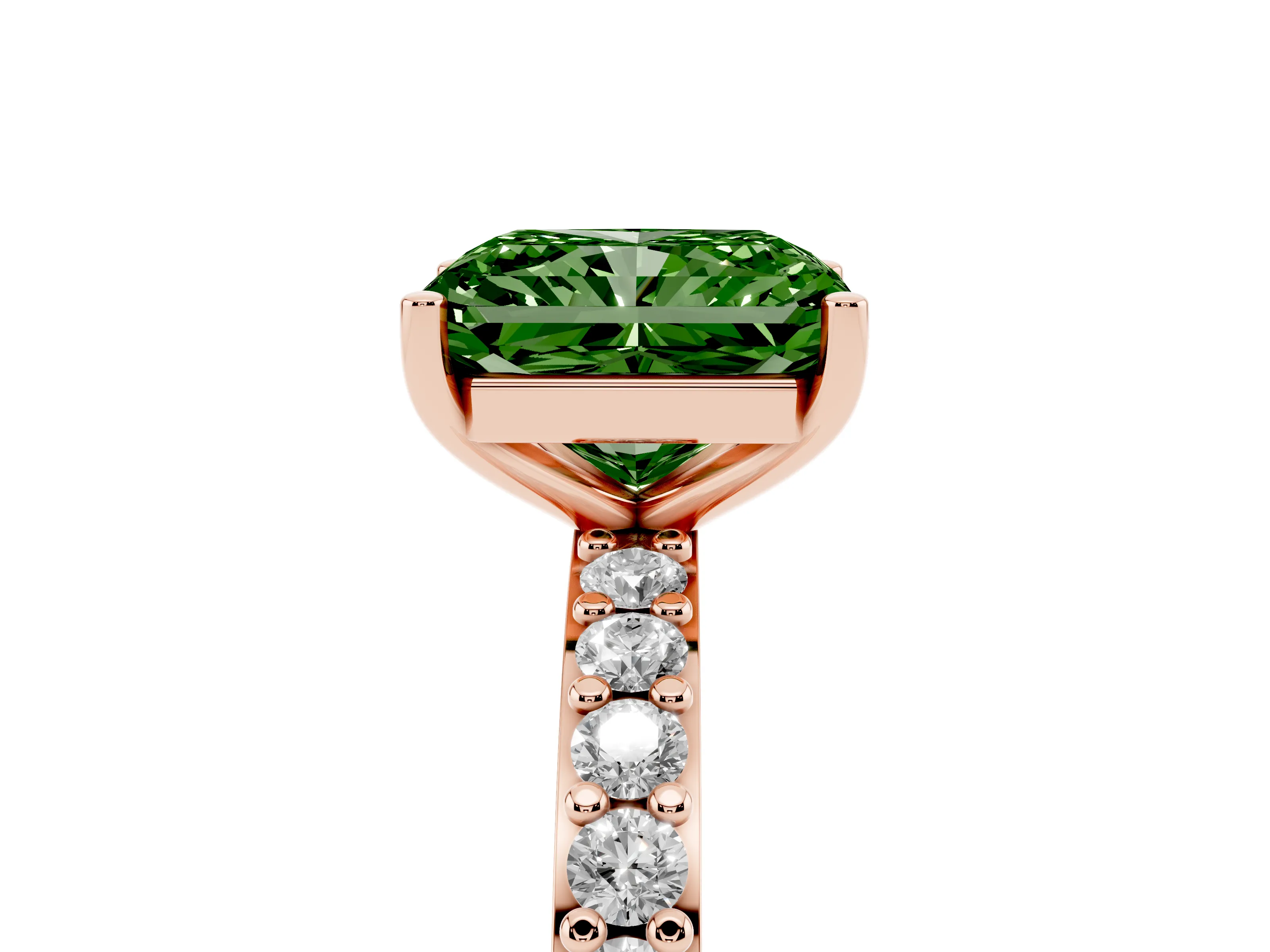 Fancy Green Radiant Cut Diamond Solitaire Set in Rose gold with Round Pavé Band and Prong Setting