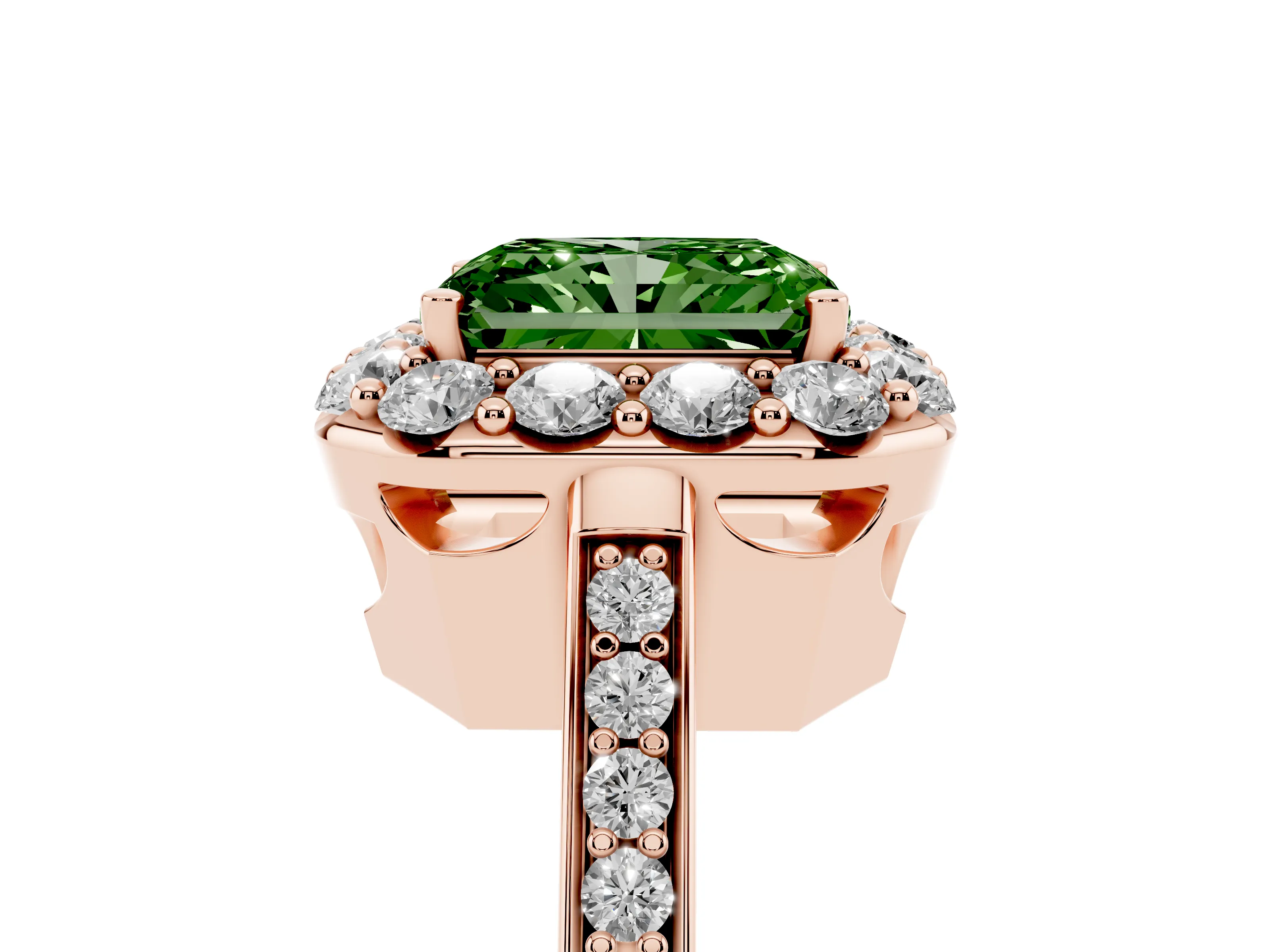 Fancy Green Radiant Cut Diamond Floral Halo Ring Set in Rose gold with Pavé Band and Prong Setting