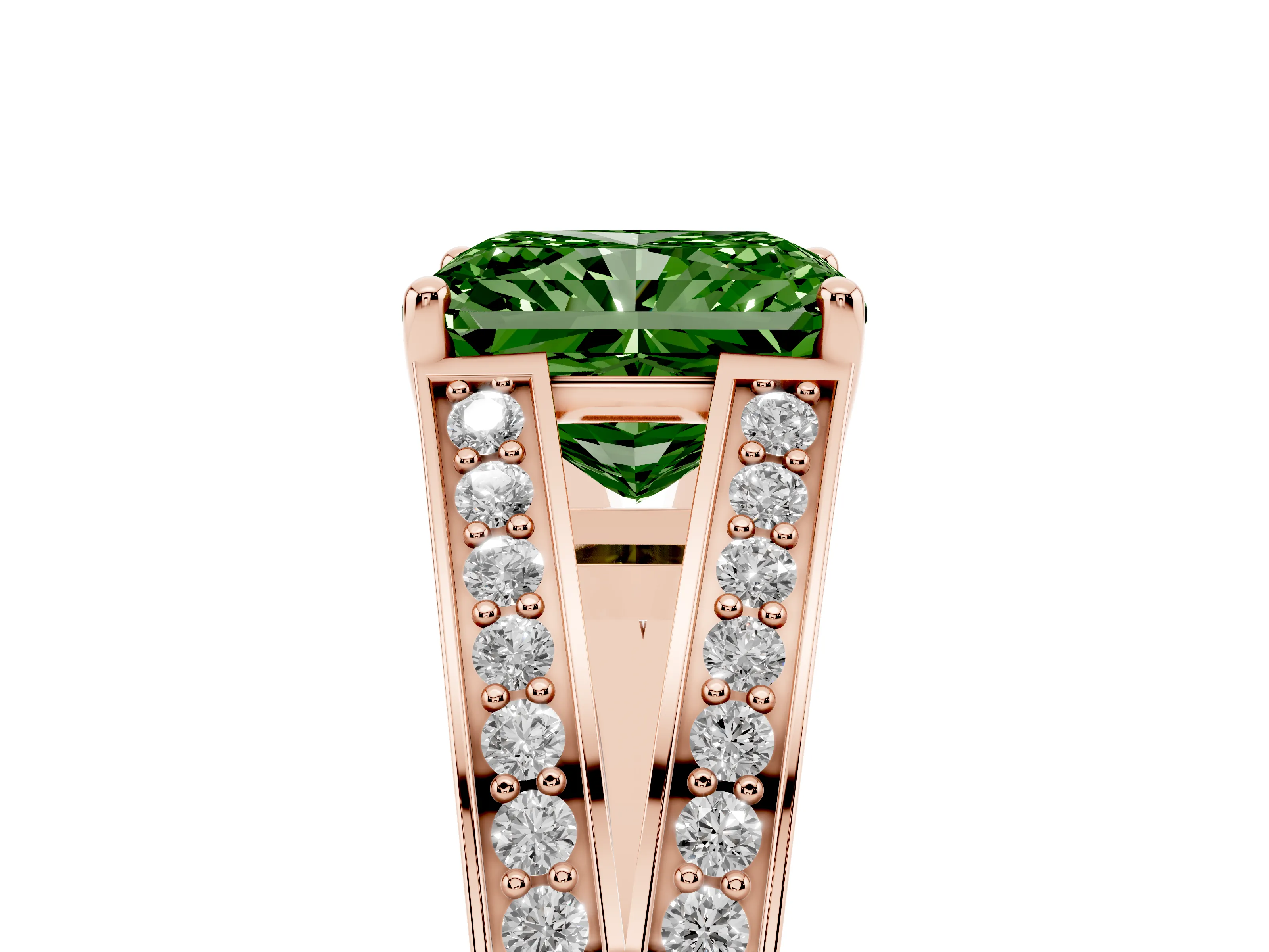 Fancy Green Radiant Cut Diamond Split Shank Ring Set in Rose gold with Pavé Band and Prong Setting