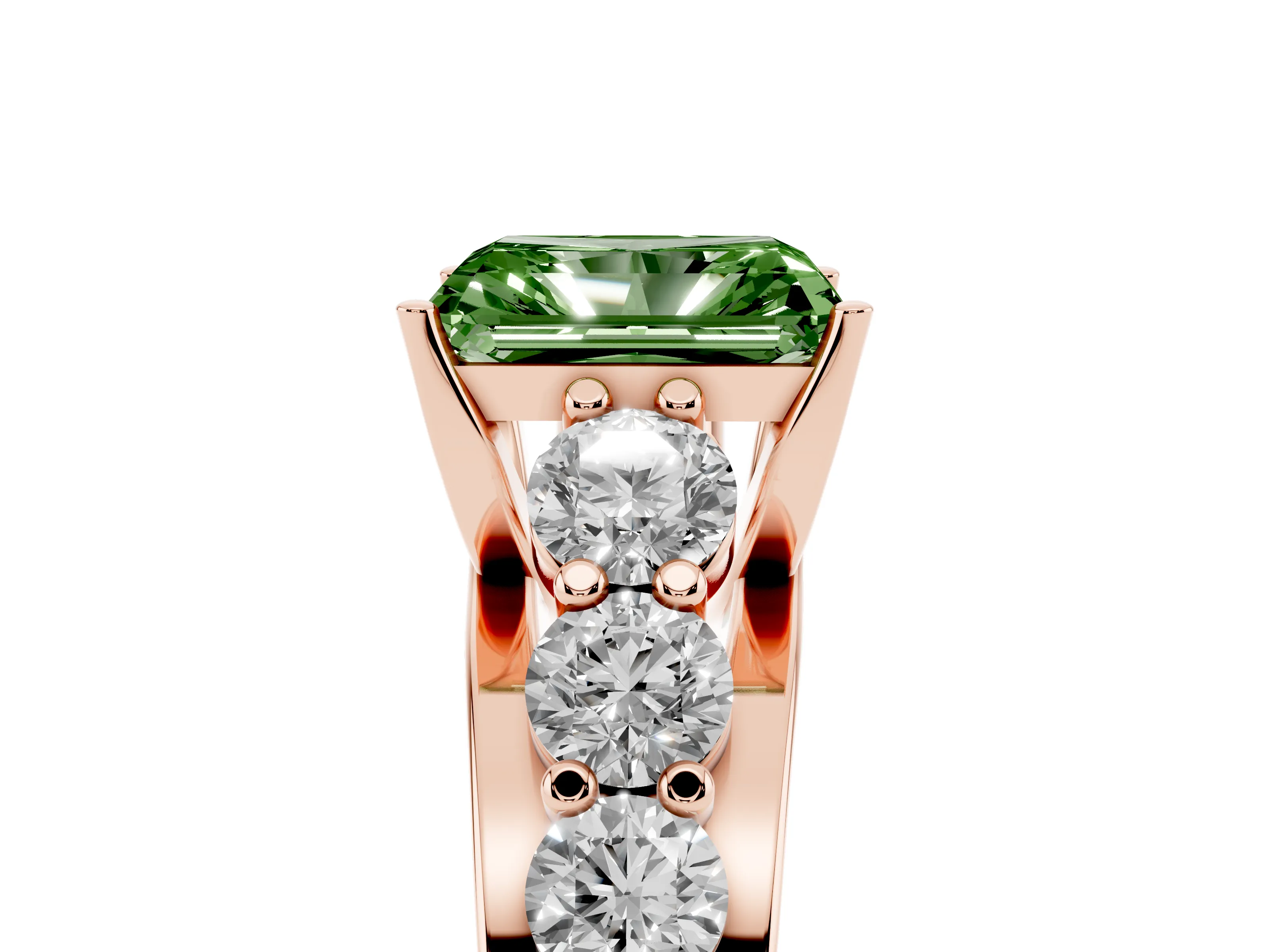 Fancy Green Radiant Cut Diamond Pavé Engagement Ring Set in Rose gold with Prong Setting